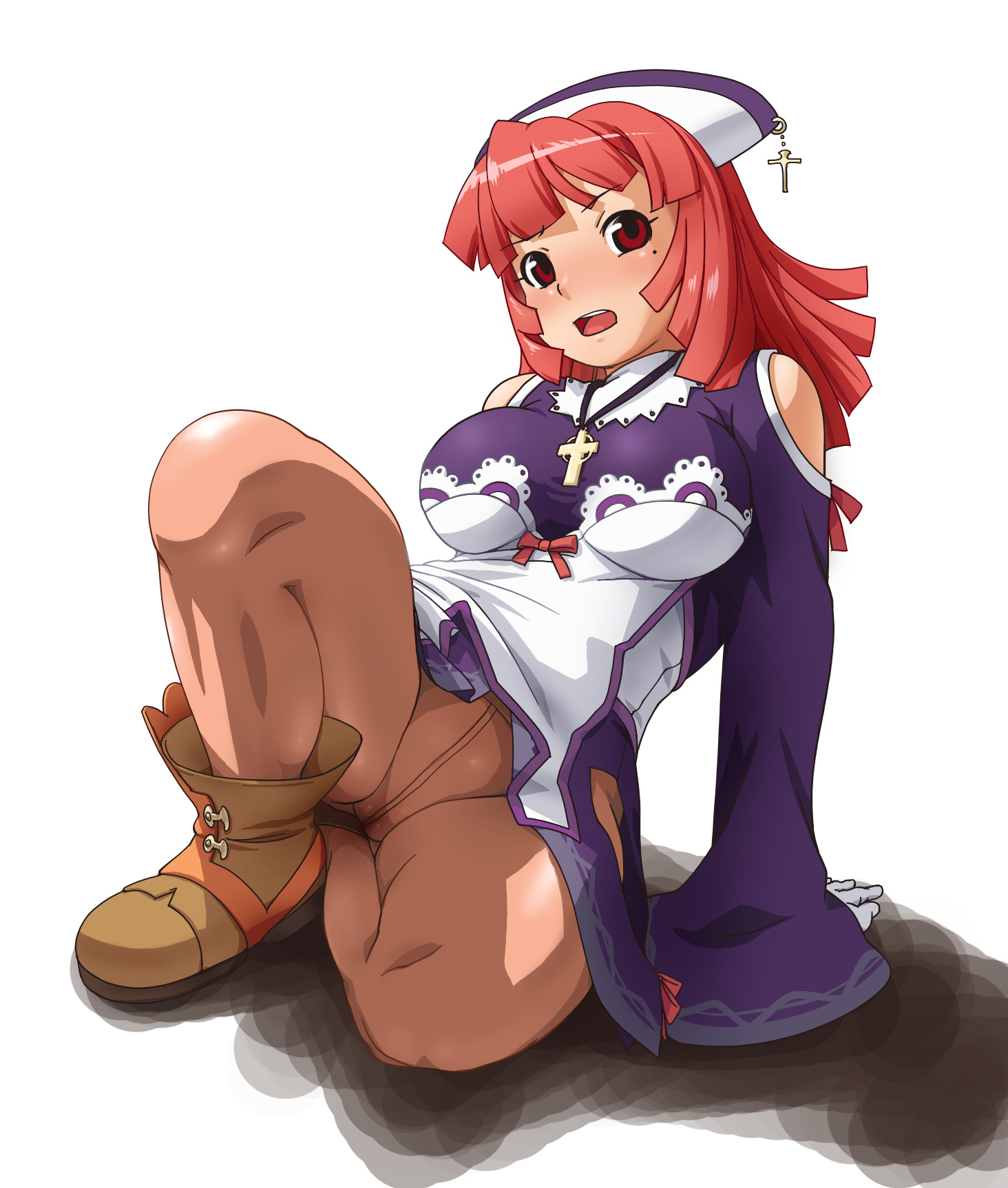 calpara, prier, la pucelle, nippon ichi, highres, 1girl, blush, breasts, cameltoe, curvy, female focus, huge breasts, no panties, pantyhose, prie, pussy, red hair, short hair, skirt, solo, upskirt