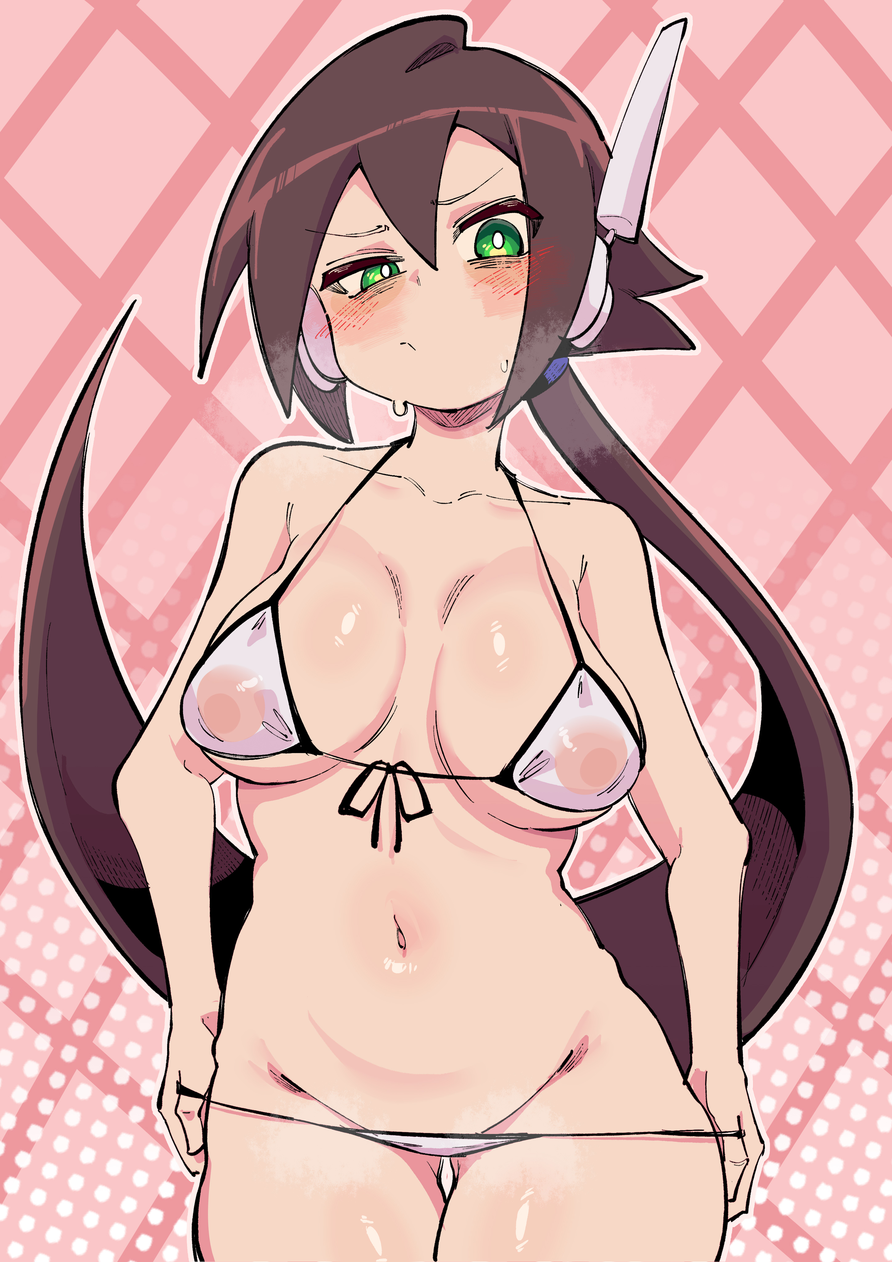 buzzlyears, aile (mega man zx), mega man (series), mega man zx, mega man zx advent, absurdres, highres, 1girl, bikini, bikini bottom pull, blush, breath, brown hair, cowboy shot, front-tie bikini top, front-tie top, green eyes, long hair, micro bikini, navel, nipples, pink background, ponytail, robot ears, see-through bikini, see-through clothes, simple background, solo, swimsuit, white bikini