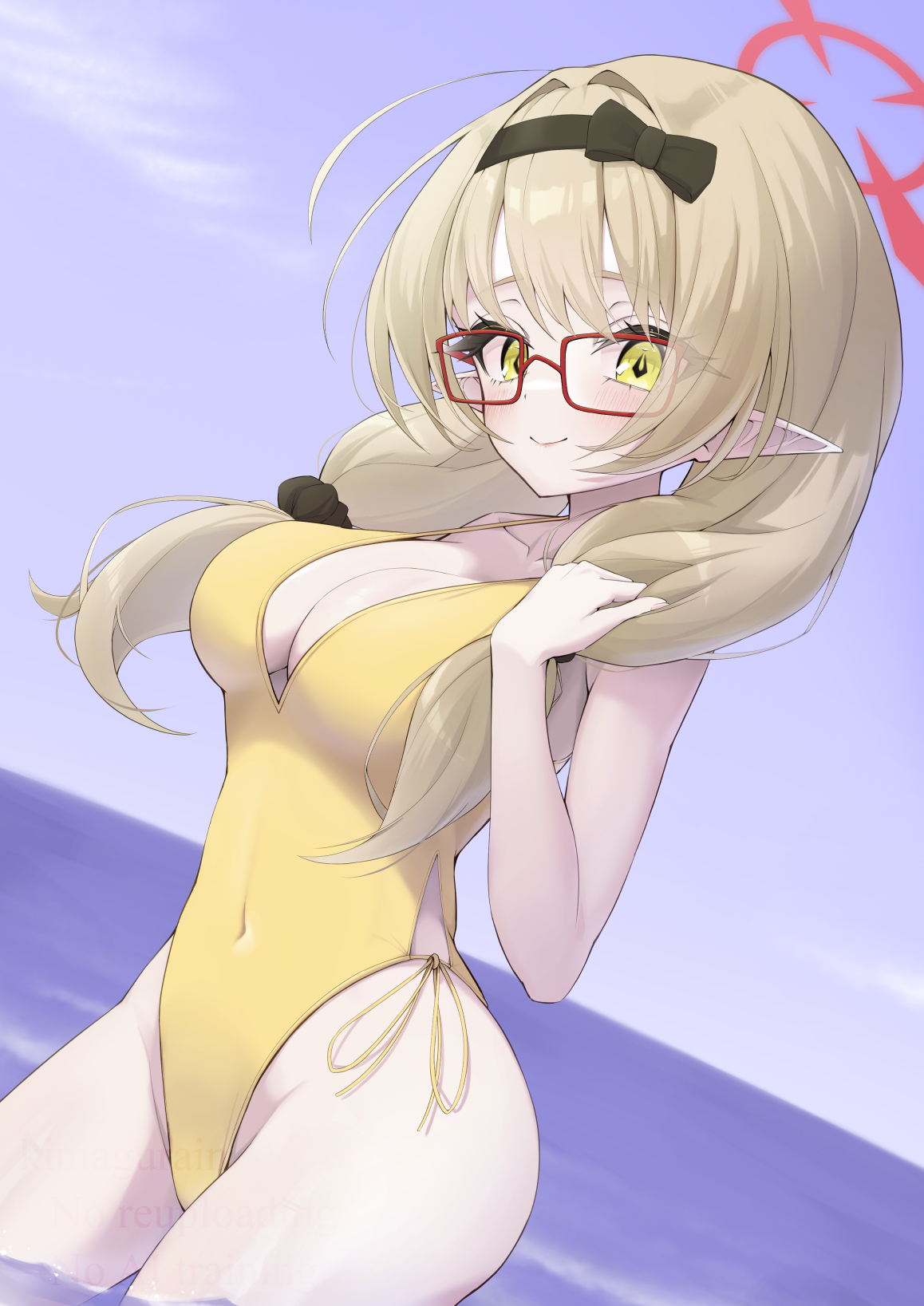 kimagurain, chinatsu (blue archive), blue archive, commentary request, highres, 1girl, ahoge, alternate costume, black hairband, black scrunchie, blonde hair, blue bow, blush, bow, breasts, cleavage, closed mouth, covered navel, cowboy shot, curvy, day, dutch angle, eyelashes, eyes visible through hair, glasses, groin, hair between eyes, hair bow, hair intakes, hair ornament, hair scrunchie, hairband, halo, hand up, highleg, highleg one-piece swimsuit, large breasts, long hair, looking at viewer, low twintails, one-piece swimsuit, outdoors, plunging neckline, pointy ears, red-framed eyewear, red halo, scrunchie, side-tie swimsuit, sidelocks, slit pupils, smile, solo, swimsuit, twintails, wading, watermark, yellow eyes, yellow one-piece swimsuit