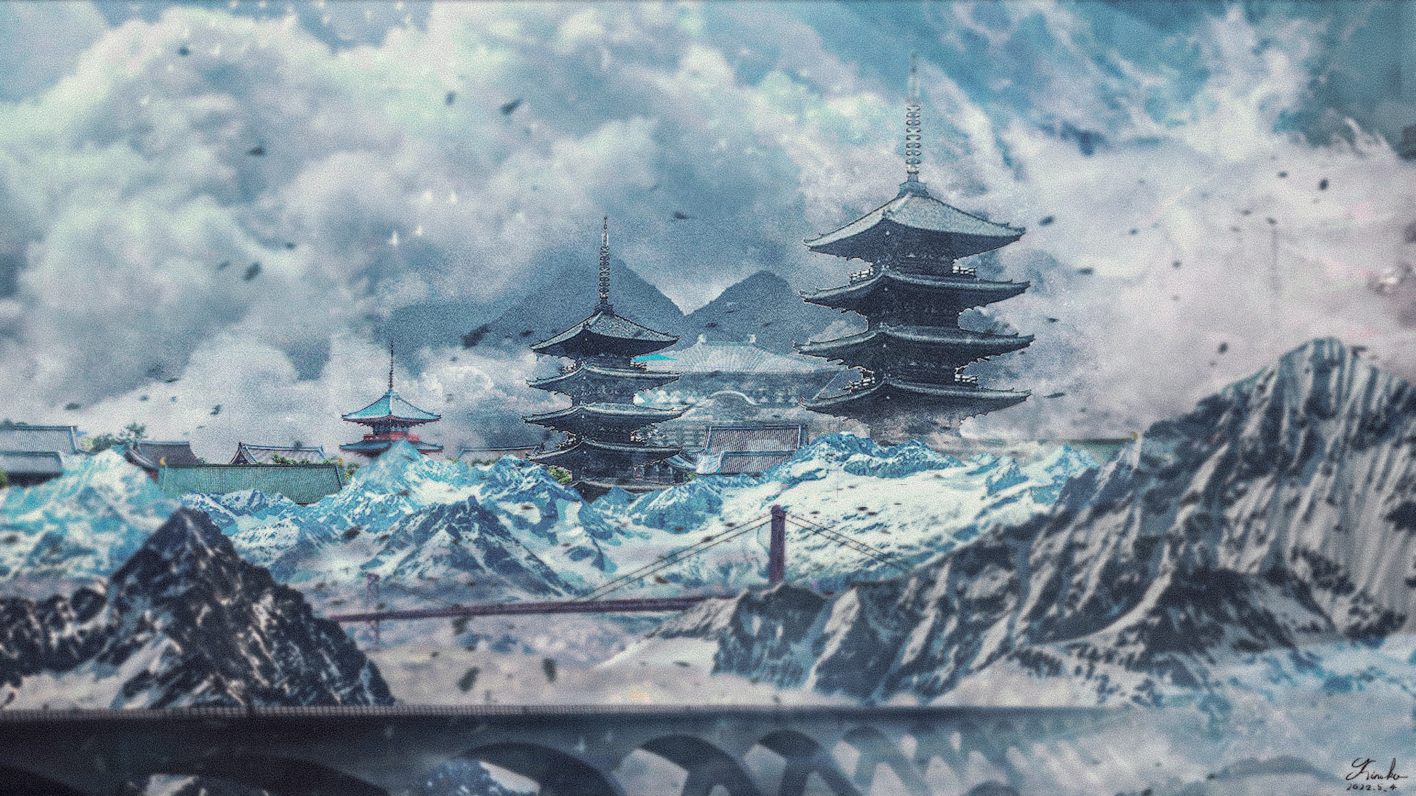 kinoko no sato, original, commentary request, highres, architecture, artist name, bridge, building, cloud, cloudy sky, dated, east asian architecture, mountain, no humans, scenery, signature, sky, surreal