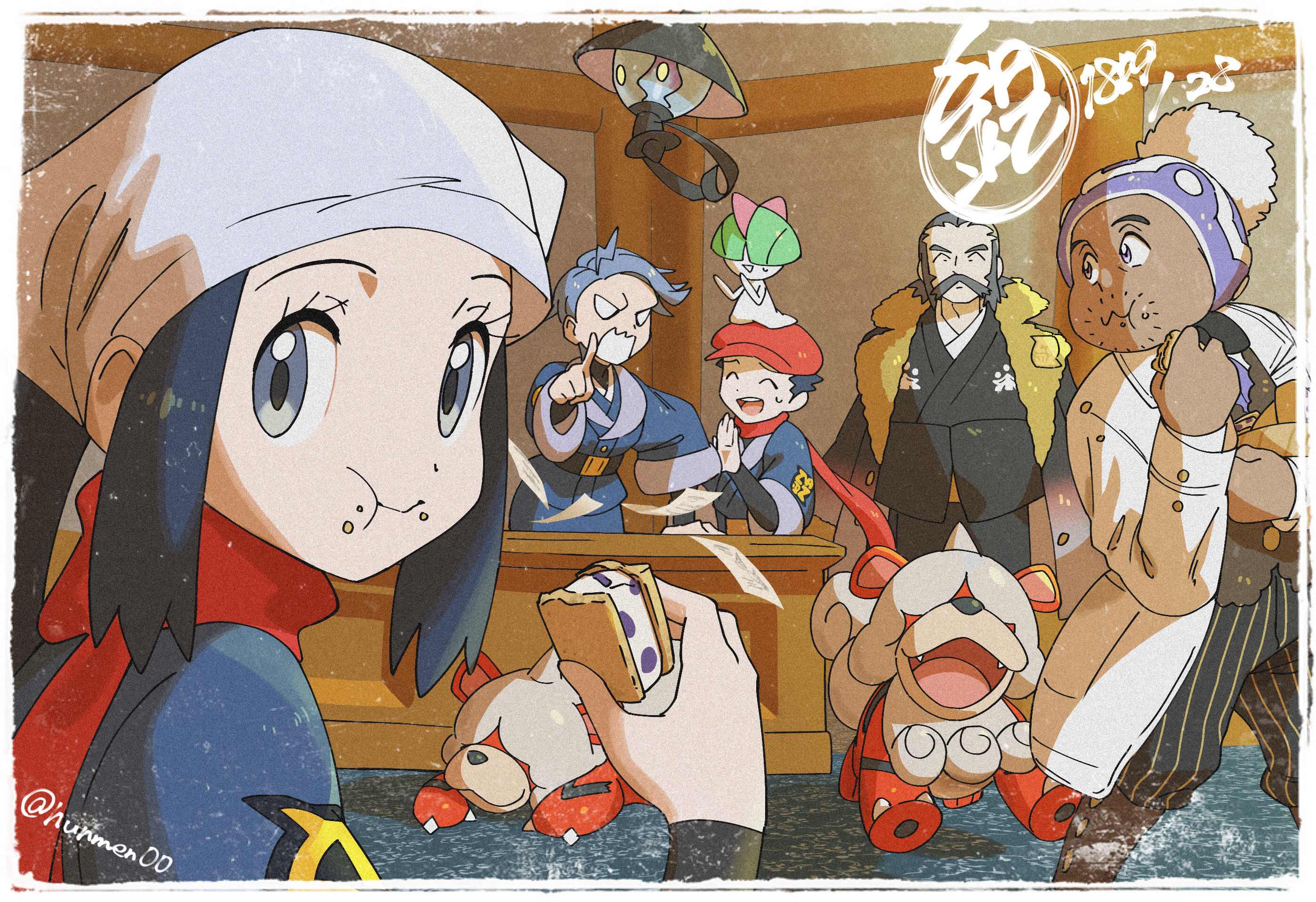hungry seishin, akari (pokemon), cyllene (pokemon), hisuian growlithe, kamado (pokemon), lampent, professor laventon, ralts, rei (pokemon), nintendo, pokemon, pokemon legends: arceus, commentary request, highres, 2girls, 3boys, :t, beanie, black hair, border, buttons, closed mouth, cookie, eating, eyelashes, facial hair, food, food on face, galaxy expedition team survey corps uniform, gen 3 pokemon, gen 5 pokemon, grey eyes, grey hair, hand up, hat, headscarf, holding, indoors, jacket, lab coat, long hair, looking at viewer, multiple boys, multiple girls, mustache, pointing, pokemon (creature), ponytail, raisin (fruit), red hat, red scarf, sandwich cookie, scarf, short hair, sidelocks, standing, twitter username, undershirt, white border, white headscarf