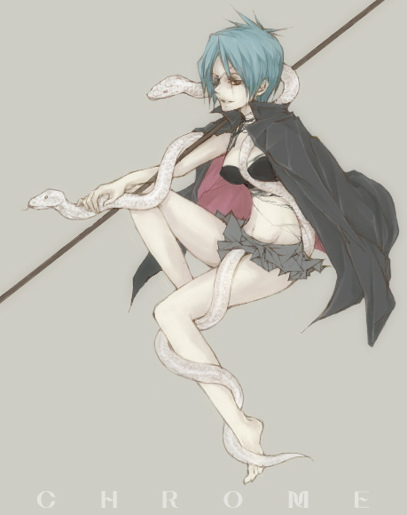 chrome dokuro, katekyo hitman reborn!, 00s, 1girl, barefoot, blue hair, bra, breasts, cape, eyepatch, feet, female focus, full body, lingerie, polearm, red eyes, short hair, simple background, skirt, snake, solo, spear, trident, underwear, weapon