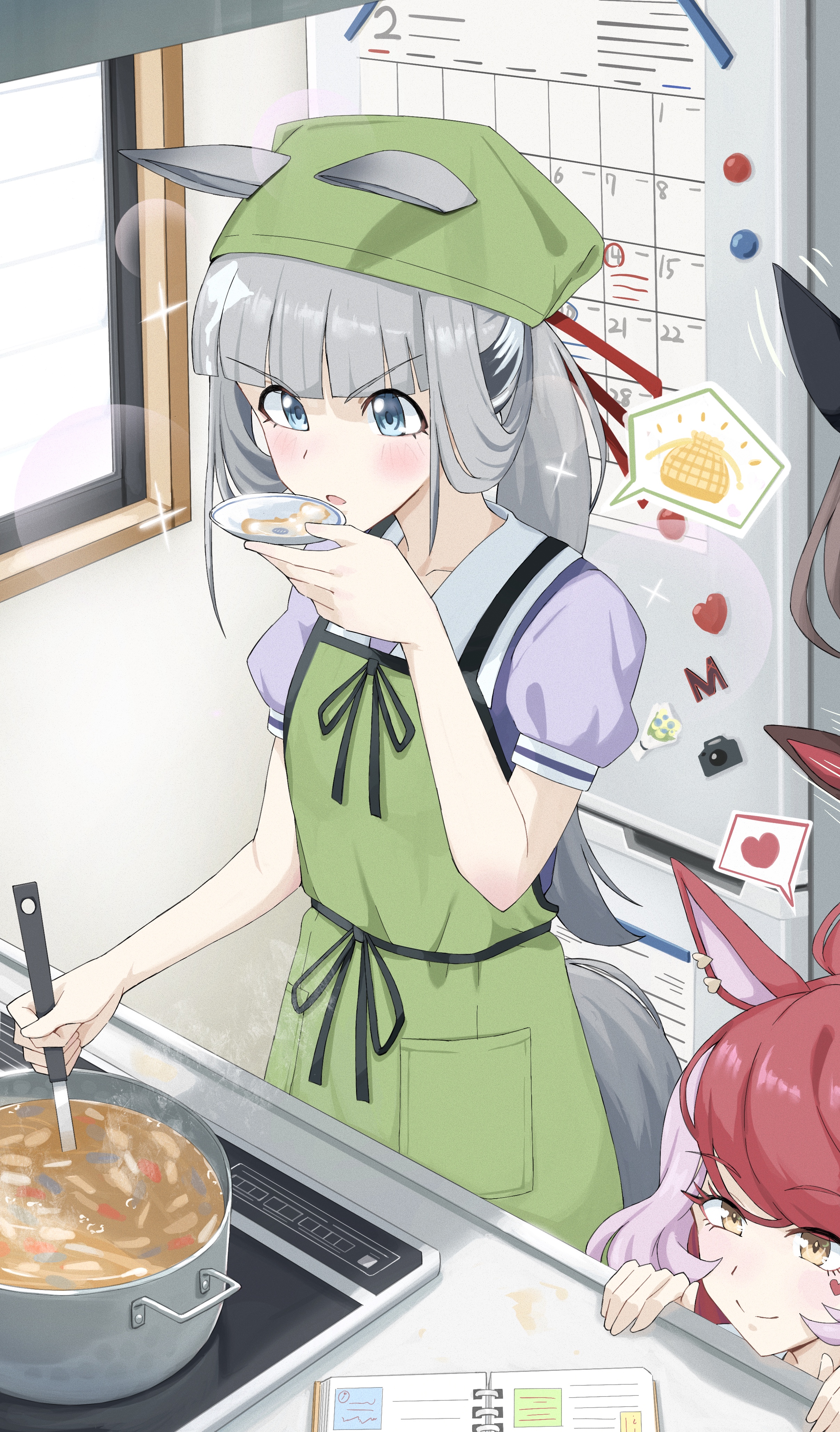 hitempo, chrono genesis (umamusume), curren bouquetd'or (umamusume), gran alegria (umamusume), loves only you (umamusume), umamusume, absurdres, highres, 2girls, alternate hairstyle, animal ears, blue eyes, blunt bangs, blush, calendar (object), cooking, food, heart, horse ears, horse girl, kitchen, long hair, multiple girls, notebook, ponytail, red hair, smile, soup, sparkle, spoken heart, standing, window, yellow eyes