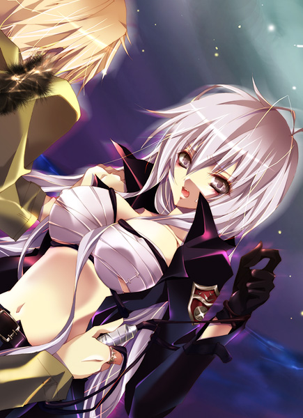 dino cavallone, superbi squalo, katekyo hitman reborn!, gender request, 00s, ahoge, bandages, fang, genderswap, gloves, grey eyes, grey hair, long hair, midriff, open clothes, open shirt, shirt, whip, white hair