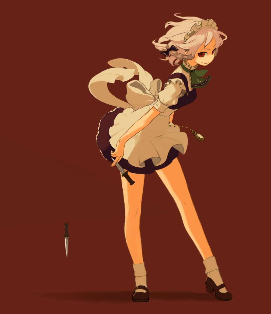 iwamoto zerogo, izayoi sakuya, touhou, uniform, 1girl, apron, between fingers, bow, braid, dress, female focus, frills, hair bow, hairband, holding, knife, legs, maid, maid apron, pocket watch, short hair, skirt, solo, standing, throwing knife, watch, weapon