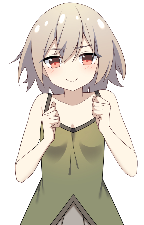 e.o., original, commentary request, 1girl, blonde hair, blush, breasts, clenched hands, closed mouth, collarbone, dress, faust (amakira), green dress, looking at viewer, medium hair, red eyes, simple background, sleeveless, sleeveless dress, small breasts, smile, solo, white background