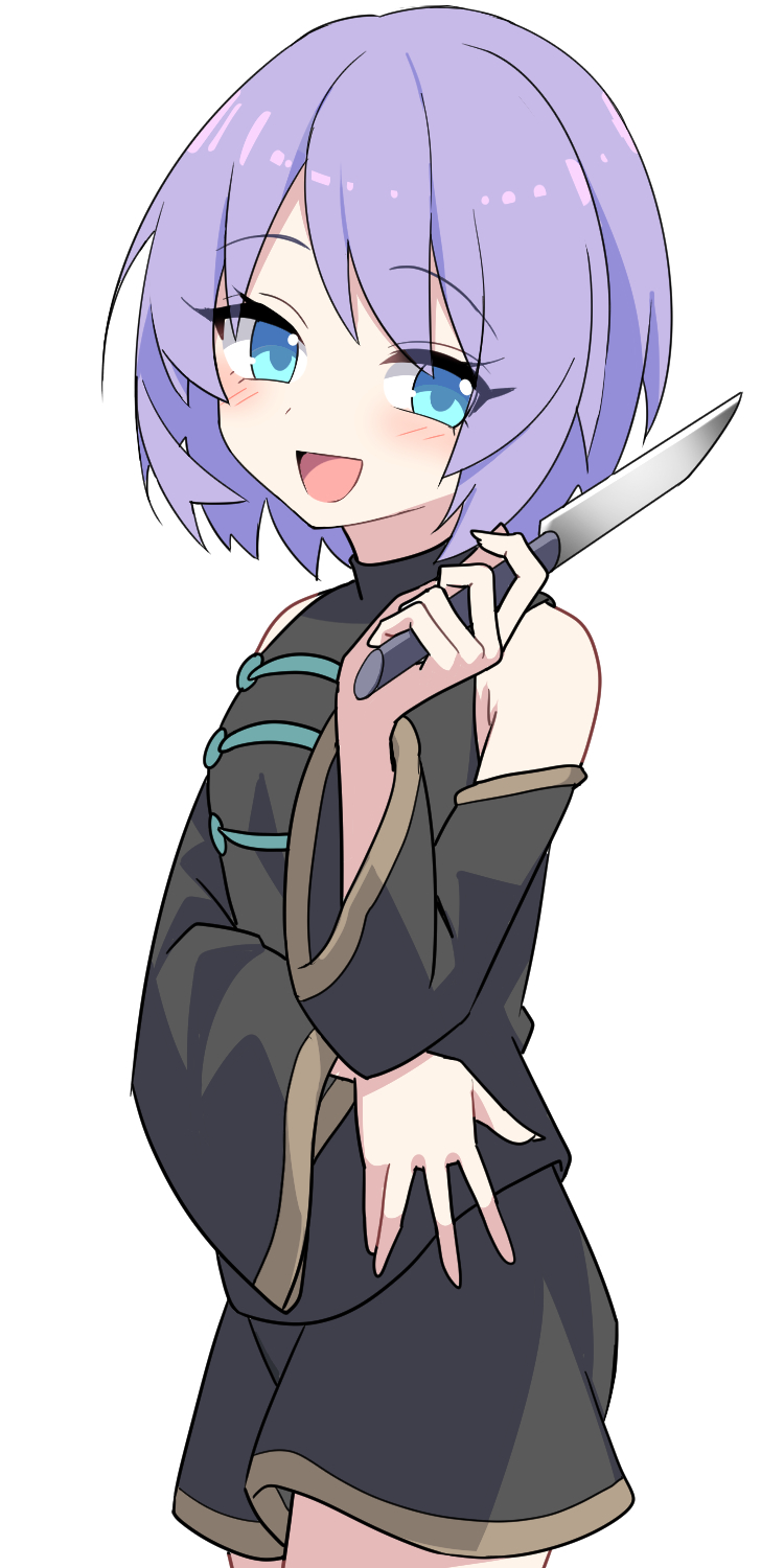 e.o., original, commentary request, highres, 1girl, black shirt, black skirt, blue eyes, blush, chrono (amakira), detached sleeves, holding, holding knife, knife, looking at viewer, open mouth, purple hair, shirt, simple background, skirt, sleeveless, sleeveless shirt, smile, solo, white background