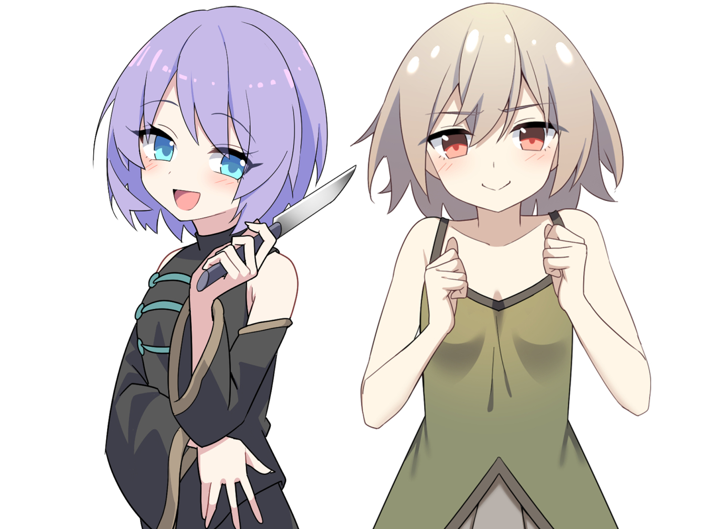 e.o., original, commentary request, 2girls, black shirt, black skirt, blonde hair, blue eyes, blush, breasts, chrono (amakira), clenched hands, closed mouth, collarbone, detached sleeves, dress, faust (amakira), green dress, holding, holding knife, knife, looking at viewer, medium hair, multiple girls, open mouth, purple hair, red eyes, shirt, simple background, skirt, sleeveless, sleeveless dress, sleeveless shirt, small breasts, smile, white background
