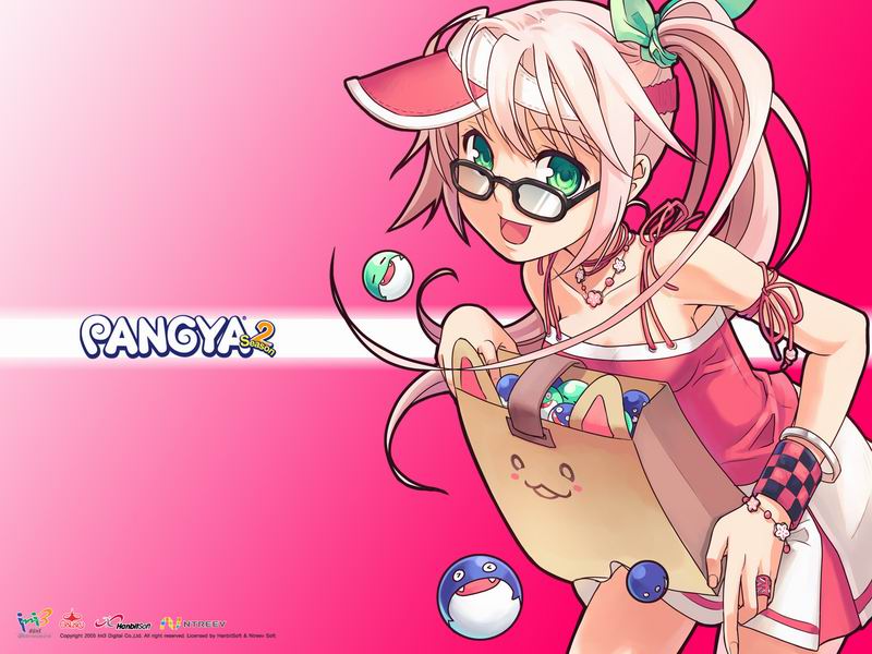 h2so4, hana, dolfini (pangya), hana (pangya), papel (pangya), pangya, visor, official art, official wallpaper, > <, 1girl, :3, armband, bag, bracelet, camisole, choker, closed eyes, fangs, glasses, green eyes, hair ribbon, jewelry, leaning forward, long hair, necklace, pink hair, ponytail, ribbon, ring, short hair, side ponytail, skirt, visor cap, wristband