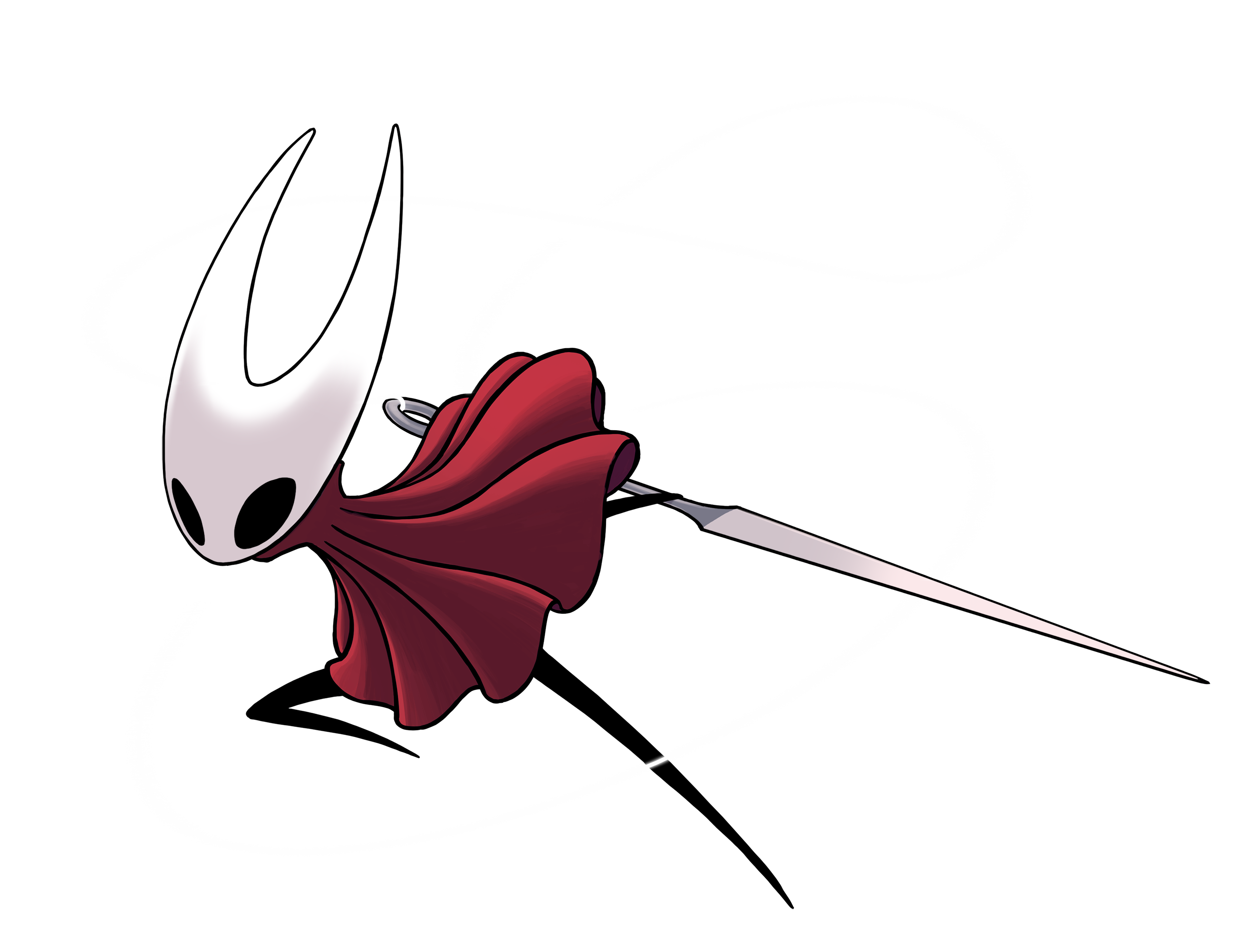 hornet (hollow knight), hollow knight: silksong, highres, official art, promotional art, 1girl, ari gibson, arthropod girl, black skin, blank eyes, bug, cloak, colored skin, floating cape, holding, holding behind back, holding weapon, hollow eyes, horned mask, mask, needle (hollow knight), red cloak, solo, thread, transparent background, weapon, white mask