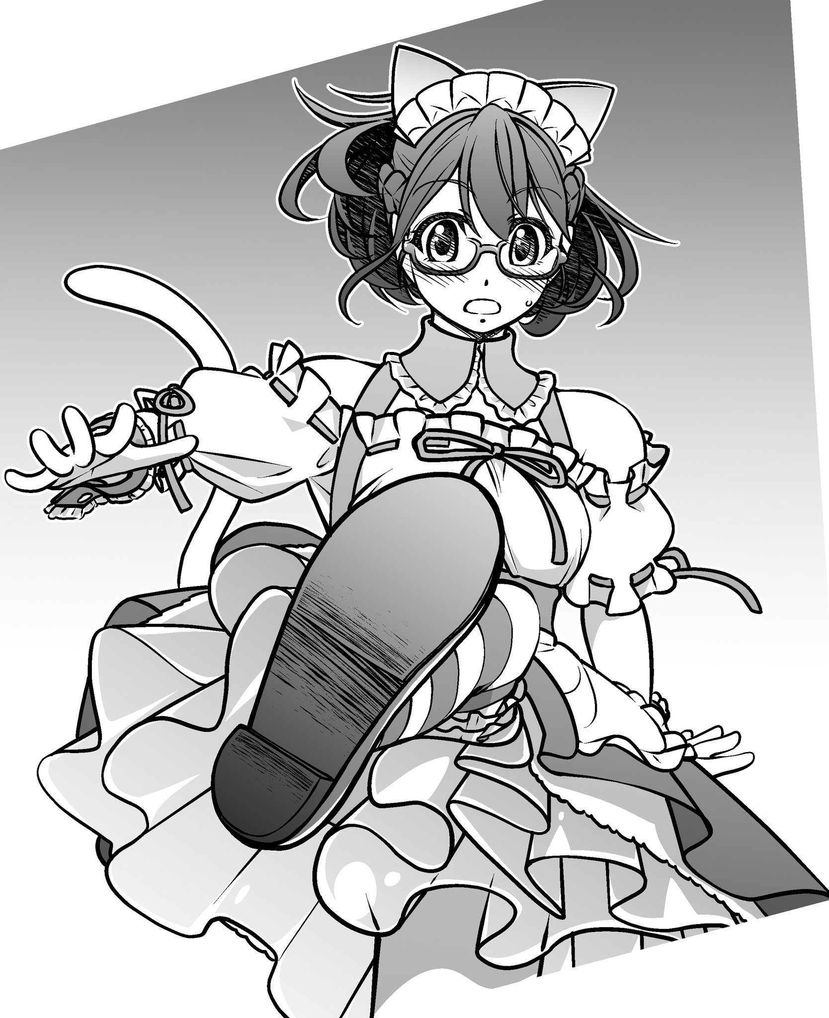 eibon, senomiya akiho, robotics;notes, science adventure, clothing request, highres, 1girl, animal ears, bare shoulders, blush, bow, breasts, cat ears, cat tail, detached sleeves, dress, embarrassed, frills, from below, full body, glasses, greyscale, looking at viewer, maid, monochrome, nervous sweating, open mouth, shoe soles, solo, striped clothes, striped thighhighs, sweat, tail, thighhighs