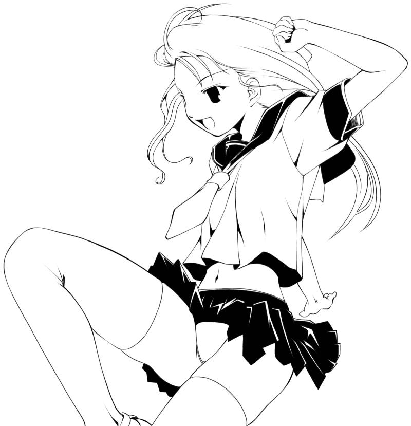 long hair, midriff, necktie, panties, school uniform, serafuku, skirt, thighhighs, underwear