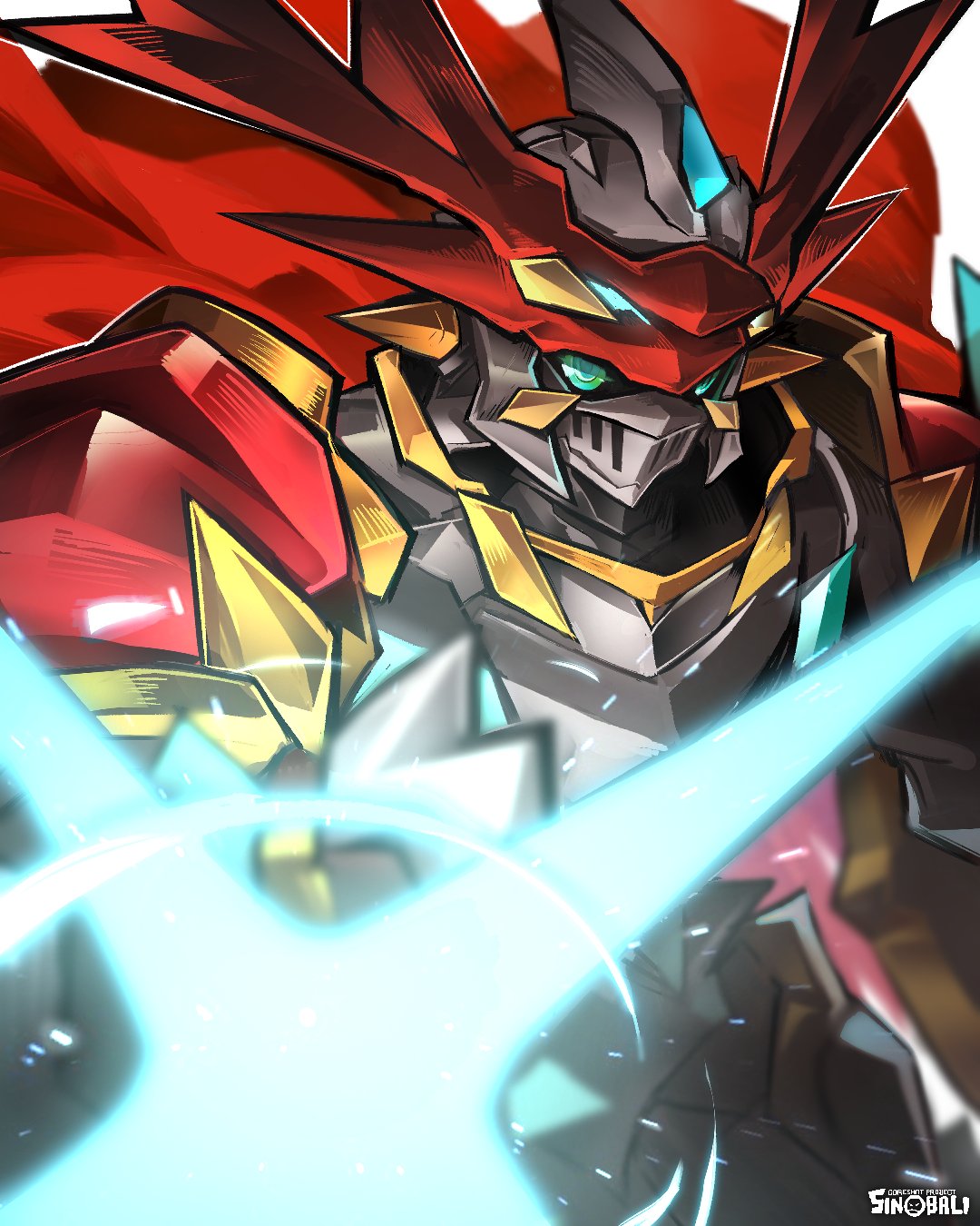sinobali, dukemon, dukemon x-antibody, digimon, highres, armor, artist logo, blue eyes, cape, digimon (creature), helmet, knight, logo, looking at viewer, red cape, simple background, solo, upper body, white armor, white background, white helmet