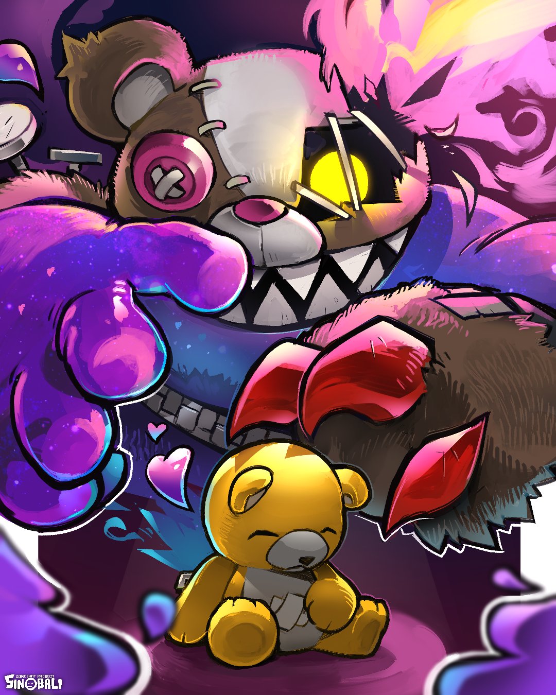 sinobali, monzaemon, shinmonzaemon, digimon, highres, chibi, digimon (creature), evolutionary line, heart, no humans, sharp teeth, sitting, slime (substance), stitches, stuffed toy, teeth