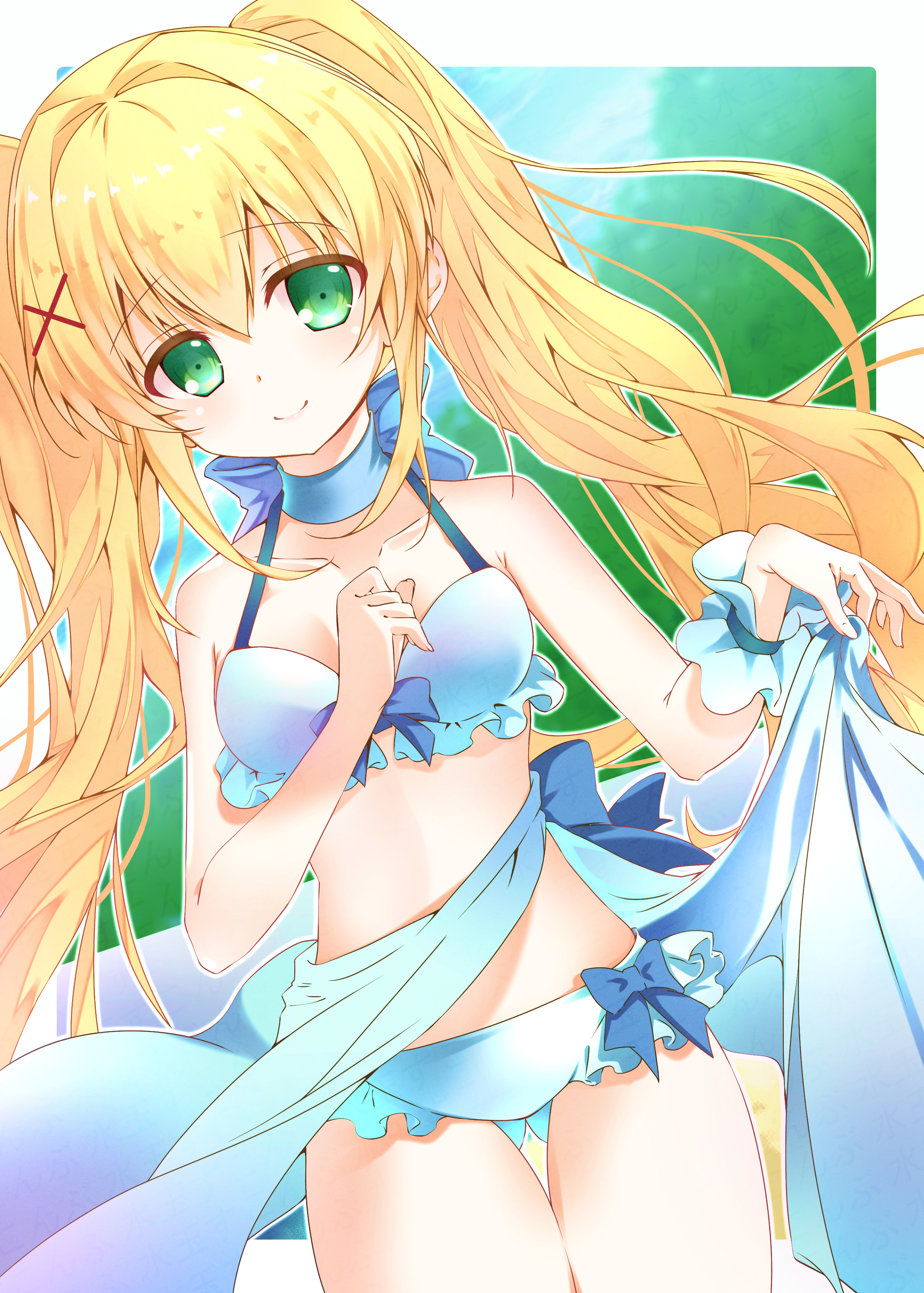 sukonbu385, tsumugi wenders, summer pockets, absurdres, commentary, highres, 1girl, alternate costume, armpit crease, back bow, bare shoulders, bikini, blonde hair, blue bikini, blue bow, blue choker, blue skirt, blue wrist cuffs, blush, border, bow, bow bikini, breasts, choker, clenched hand, closed mouth, collarbone, cowboy shot, day, dutch angle, floating hair, frilled bikini, frilled wrist cuffs, frills, gluteal fold, green eyes, green pupils, hair between eyes, hair intakes, hair ornament, halterneck, hands up, long hair, looking at viewer, outdoors, outline, outside border, sidelocks, single wrist cuff, skirt, skirt hold, small breasts, smile, solo, split mouth, swimsuit, thigh gap, thighs, twintails, very long hair, watermark, white border, white outline, wrist cuffs, x hair ornament