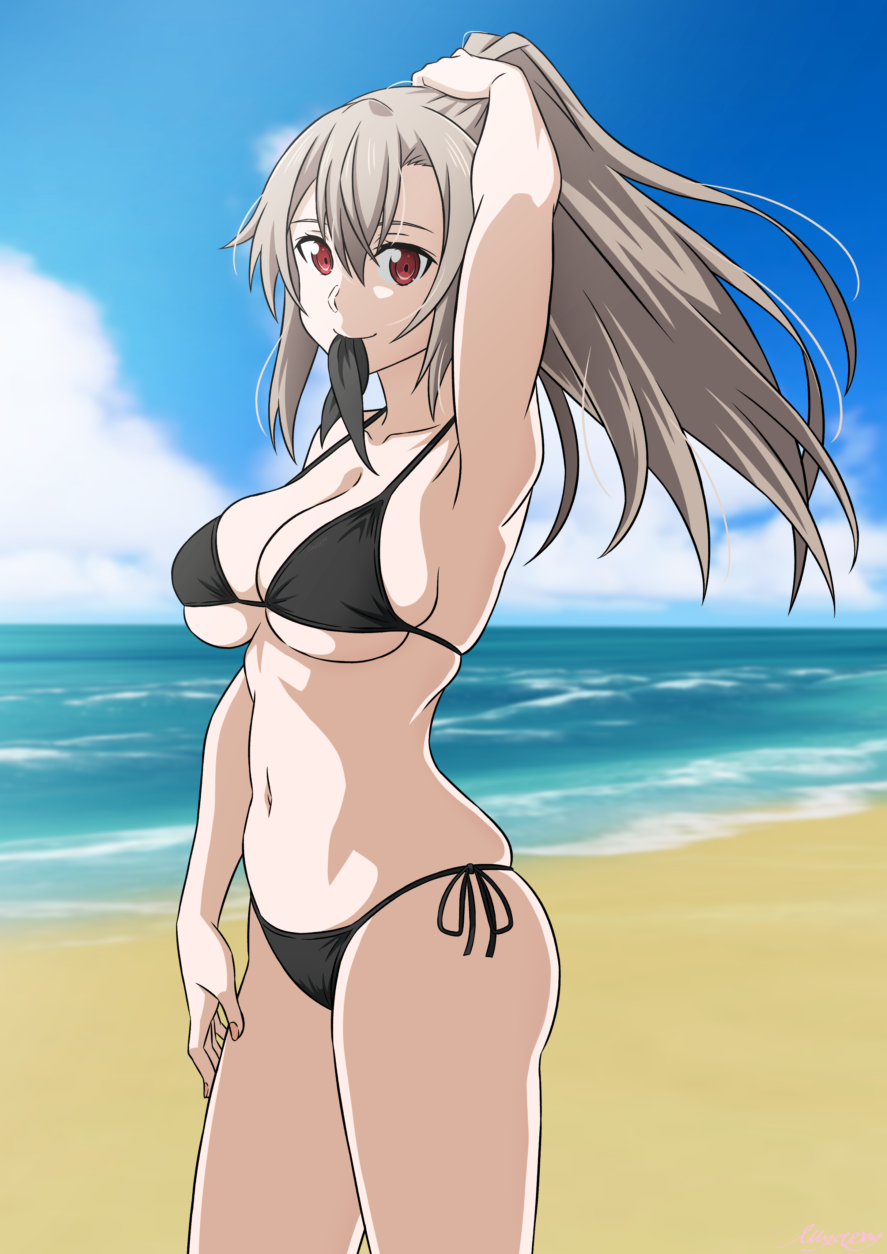 mysteryctu, eydis (sao), sword art online, absurdres, highres, 1girl, armpits, beach, bikini, black bikini, breasts, grey hair, hair tie in mouth, holding, holding own hair, horizon, looking at viewer, medium breasts, mouth hold, navel, ocean, ponytail, red eyes, side-tie bikini bottom, solo, standing, swimsuit
