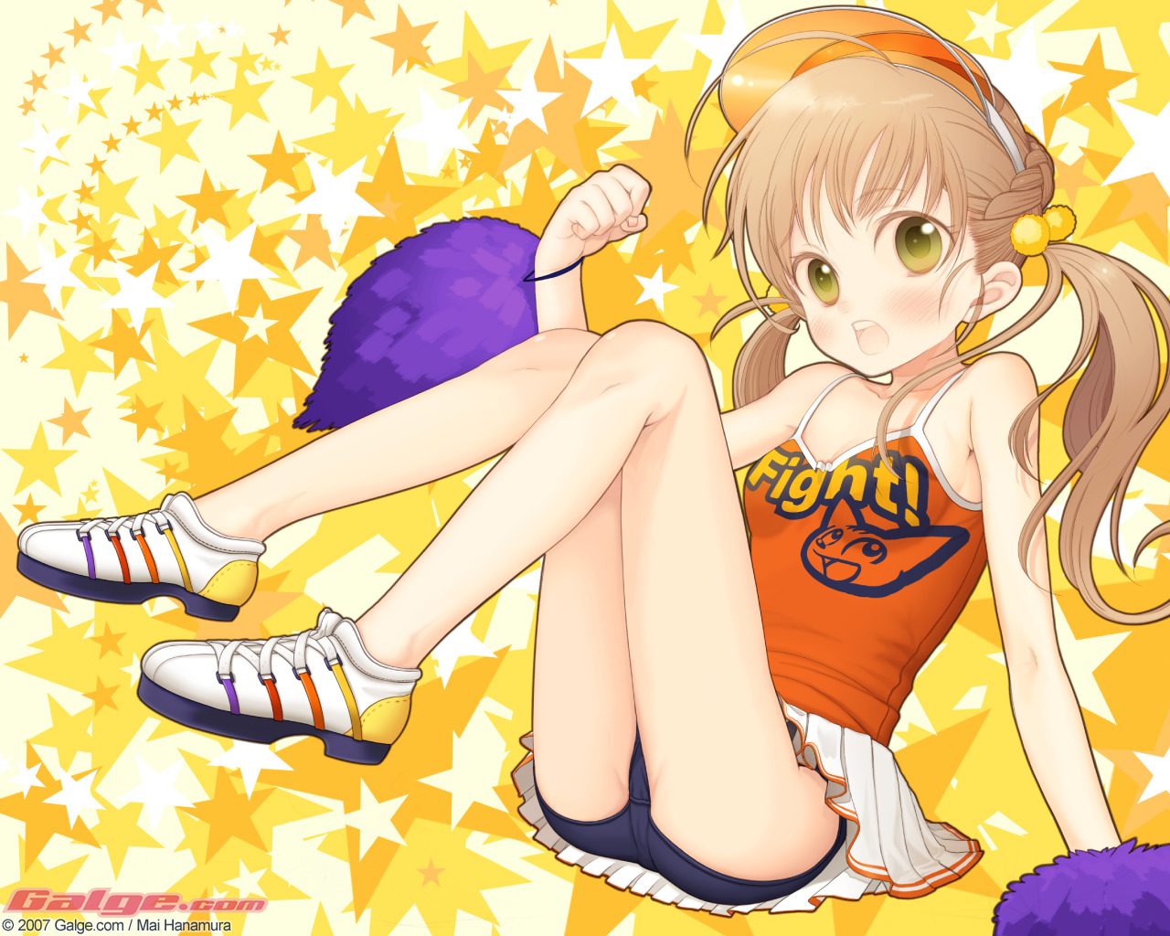 hanamura mai, galge.com, 1girl, 2007, blush, brown hair, buruma, camisole, cat, cheerleader, female focus, green eyes, hair bobbles, hair ornament, panties, skirt, solo, twintails, underwear