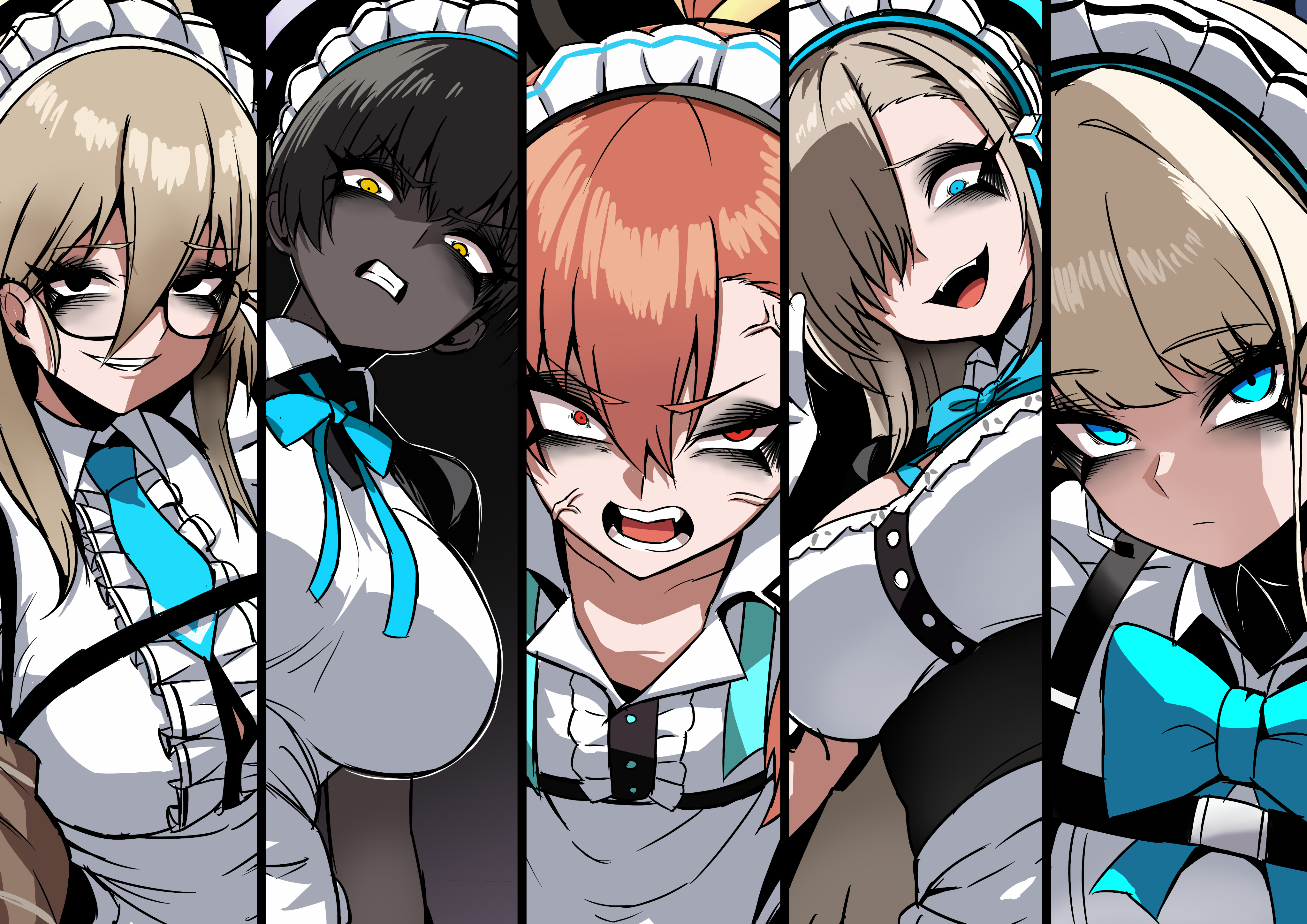 nagainegi, akane (blue archive), asuna (blue archive), karin (blue archive), neru (blue archive), toki (blue archive), blue archive, absurdres, highres, 5girls, ahoge, black eyeliner, black eyeshadow, black hair, blonde hair, blue eyes, blue halo, bow, braid, breasts, brown hair, cleaning & clearing (blue archive), constricted pupils, crazy eyes, crazy smile, dark-skinned female, dark skin, eyeliner, eyeshadow, gesugao, glasses, hair over one eye, halo, huge ahoge, j.k. (style), jacket, large breasts, long hair, makeup, mole, multiple girls, red eyes, smile, sukajan