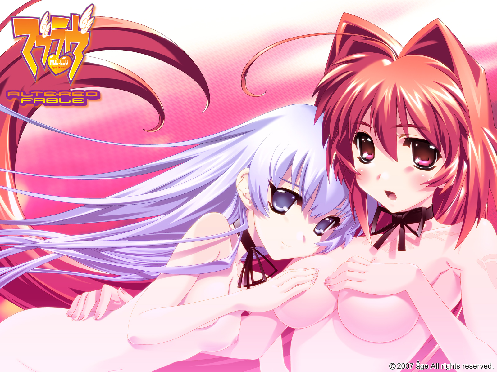 highres, tagme, ahoge, blush, breasts, nude, ribbon, yuri