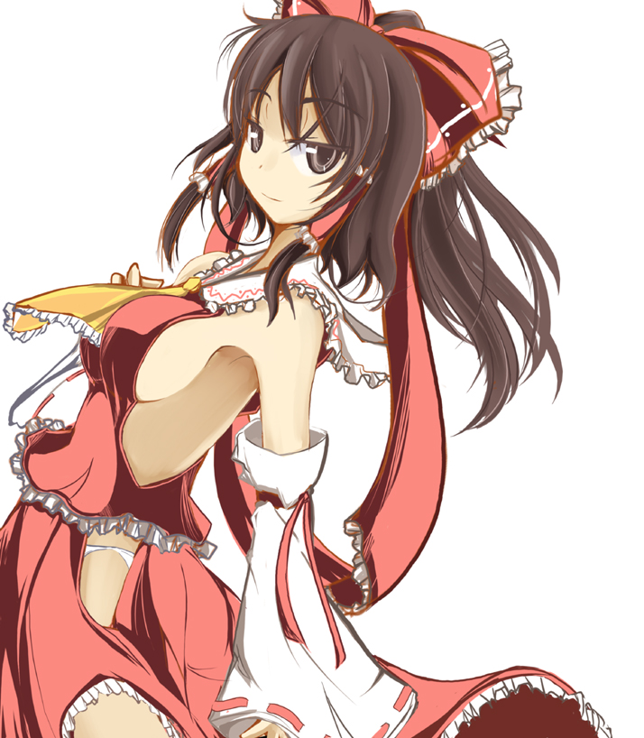 takaharu, hakurei reimu, touhou, duplicate, 1girl, armpits, bow, breasts, brown hair, detached sleeves, female focus, hair bow, japanese clothes, long hair, miko, panties, sideboob, solo, underwear