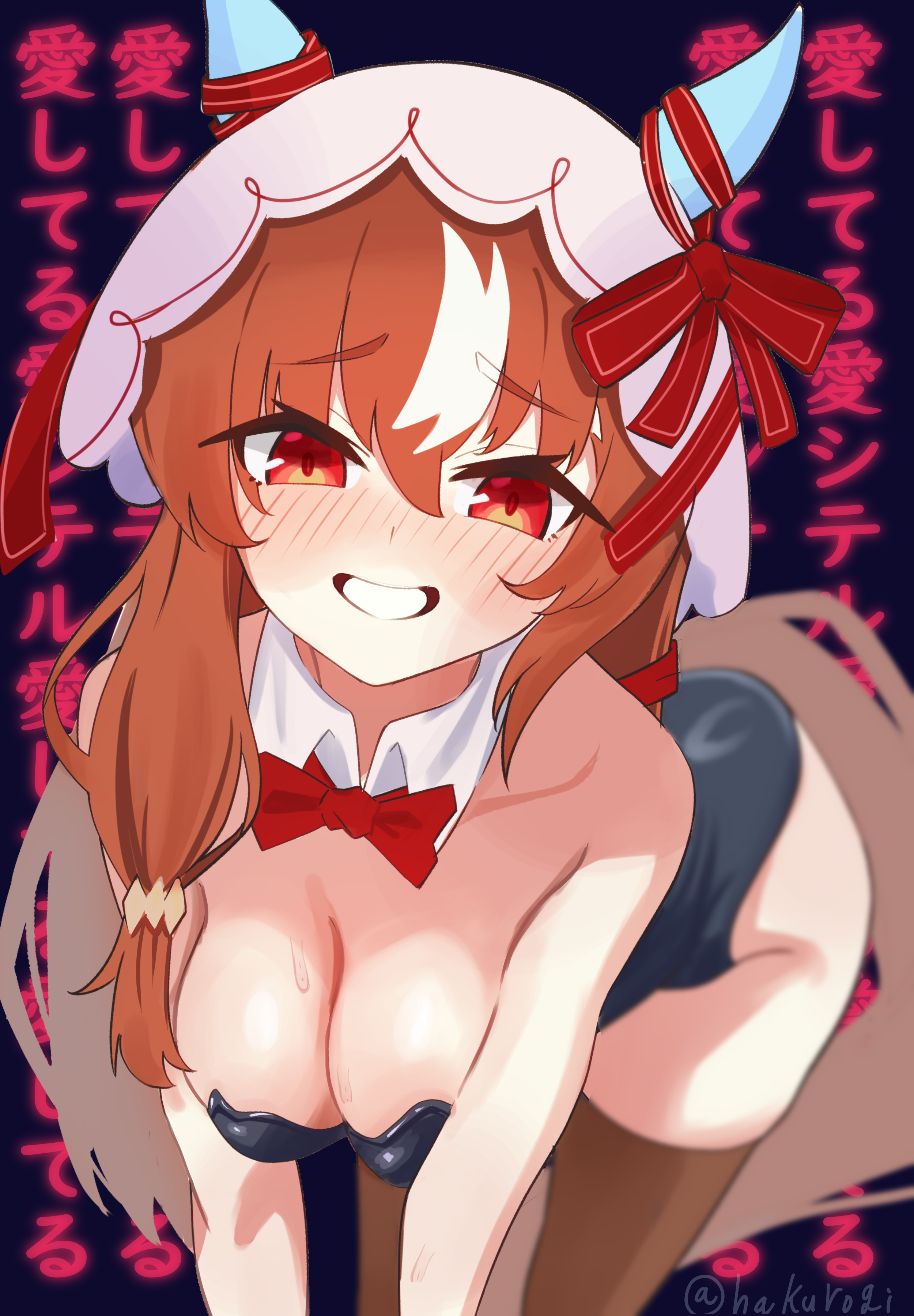hakurogi, still in love (umamusume), umamusume, absurdres, highres, translation request, 1girl, alternate costume, animal ears, bendy straw, blush, breasts, cleavage, dark background, drinking straw, grin, hair between eyes, hair ornament, horse ears, horse girl, horse tail, leotard, long hair, looking at viewer, medium breasts, playboy bunny, red eyes, ribbon, smile, solo, sweat, tail, twitter username, veil