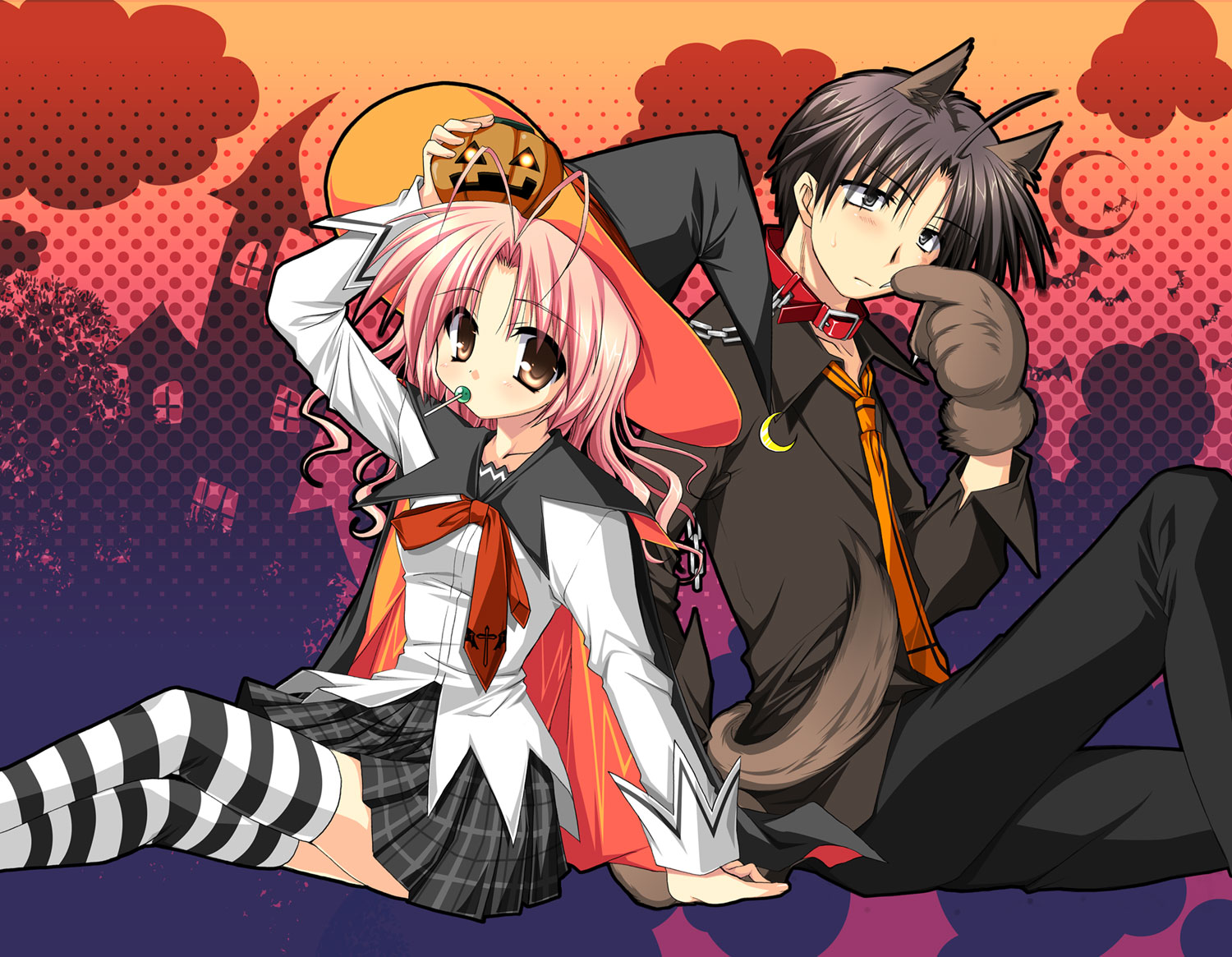 1boy, 1girl, ahoge, animal ears, blush, cat ears, cat tail, collar, dog ears, halloween, jack-o'-lantern, long hair, necktie, pumpkin, pumpkin hat, school uniform, serafuku, short hair, sitting, skirt, striped clothes, striped thighhighs, tail, thighhighs, witch, wolf ears, wolf tail