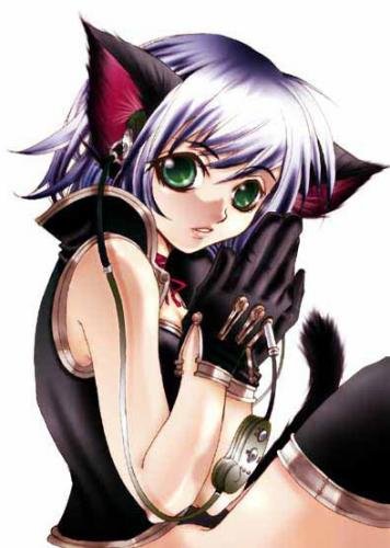 lowres, animal ears, cat ears, gloves, green eyes, headphones, purple hair, ribbon, short hair, thighhighs