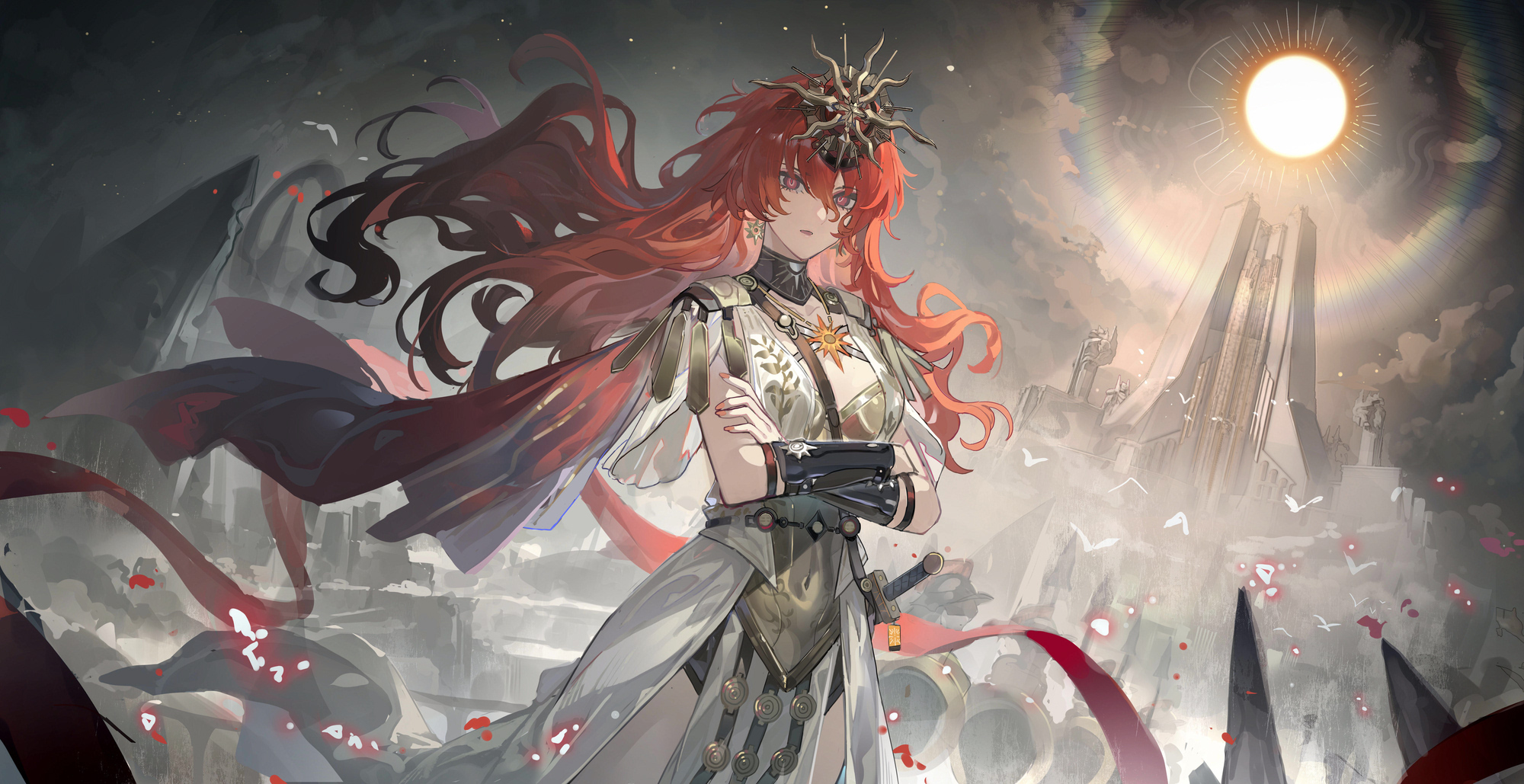 echj, augusta (wuthering waves), wuthering waves, highres, 1girl, ancient greek clothes, arm armor, armor, black collar, breastplate, breasts, closed mouth, collar, crossed arms, dress, earrings, fingernails, greco-roman clothes, hair between eyes, headgear, jewelry, long hair, looking at viewer, medium breasts, missing commentary, orange hair, outdoors, red eyes, sheath, solo, standing, sun earrings, sun necklace, white dress