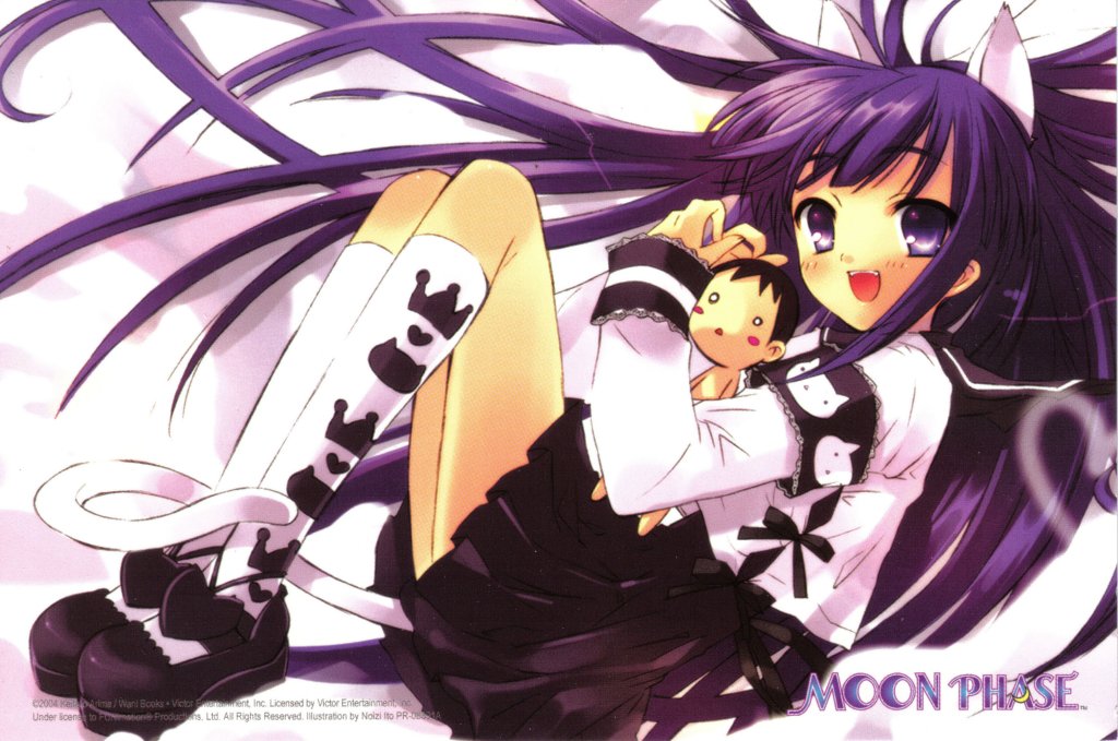 ito noizi, hazuki (tsukuyomi), tsukuyomi moonphase, 00s, animal ears, bow, cat ears, fang, flat chest, kneehighs, long hair, purple eyes, purple hair, skirt, socks, toy