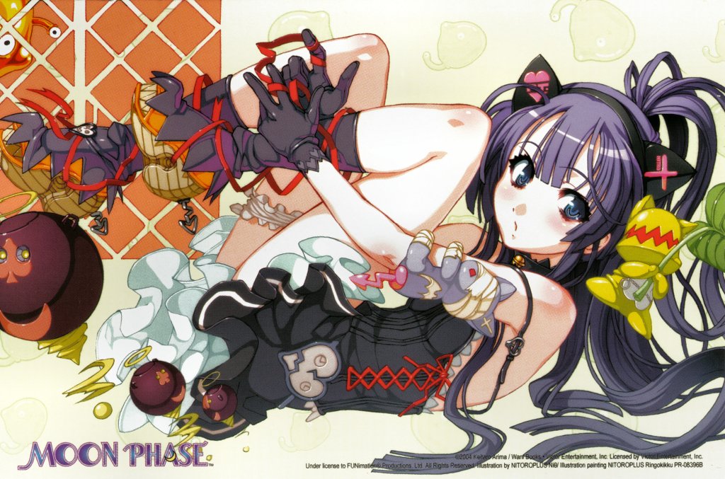 demonbane, tsukuyomi moonphase, 00s, animal ears, black hair, blue eyes, boots, cat ears, dress, flat chest, gloves, gothic lolita, high heels, knee boots, lolita fashion, long hair, ponytail, purple hair, ribbon, shoes, toy