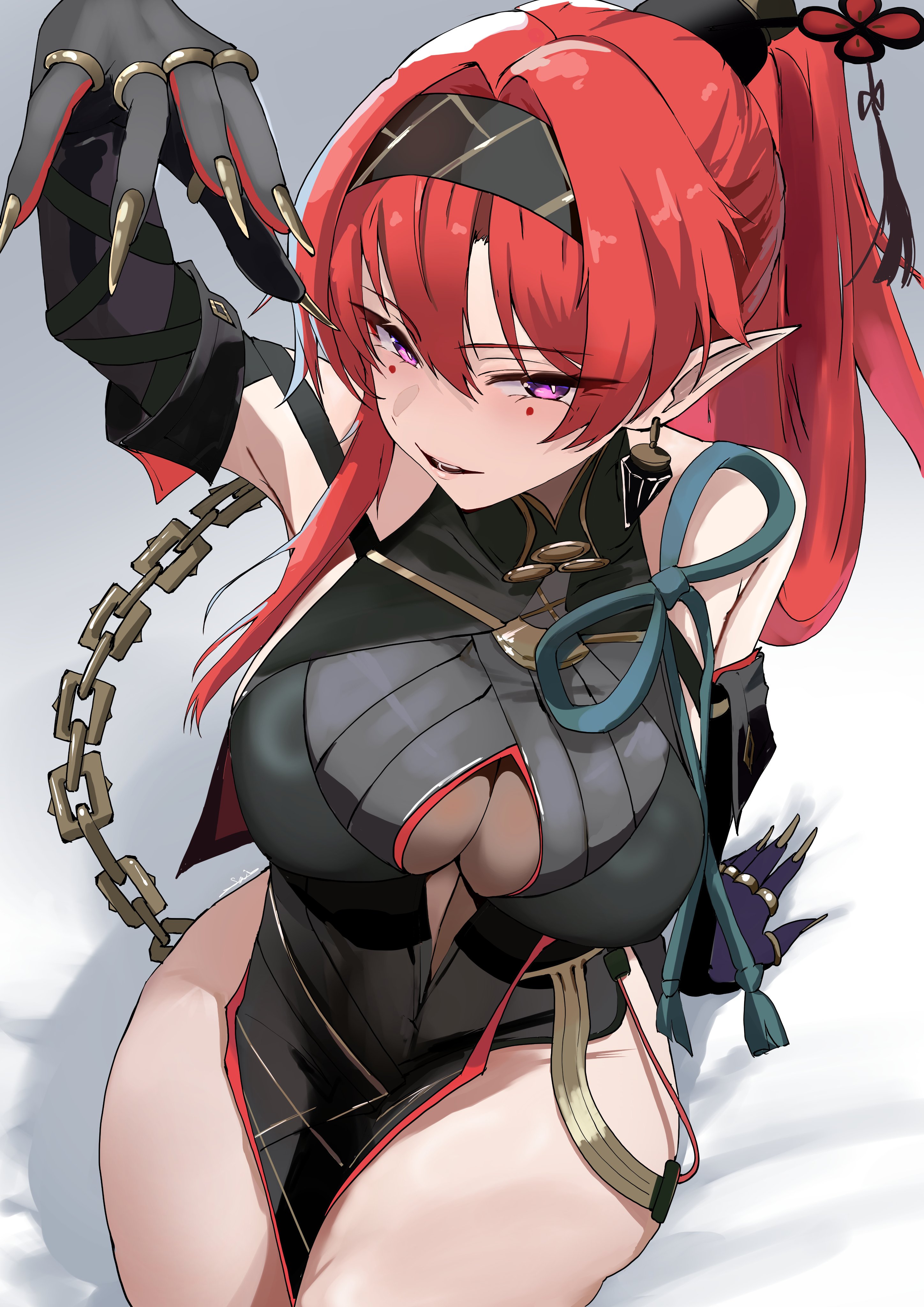 s4ika, yinlin (wuthering waves), wuthering waves, absurdres, commentary, highres, 1girl, arm up, bare shoulders, black bodysuit, black gloves, black hairband, bodysuit, breasts, circle facial mark, earrings, elbow gloves, from above, gloves, hair between eyes, hair intakes, hair ornament, hair stick, hairband, high ponytail, jewelry, katsuyamamage, looking at viewer, mark under both eyes, medium breasts, pointy ears, ponytail, purple eyes, red hair, sitting, smile, solo, thighs