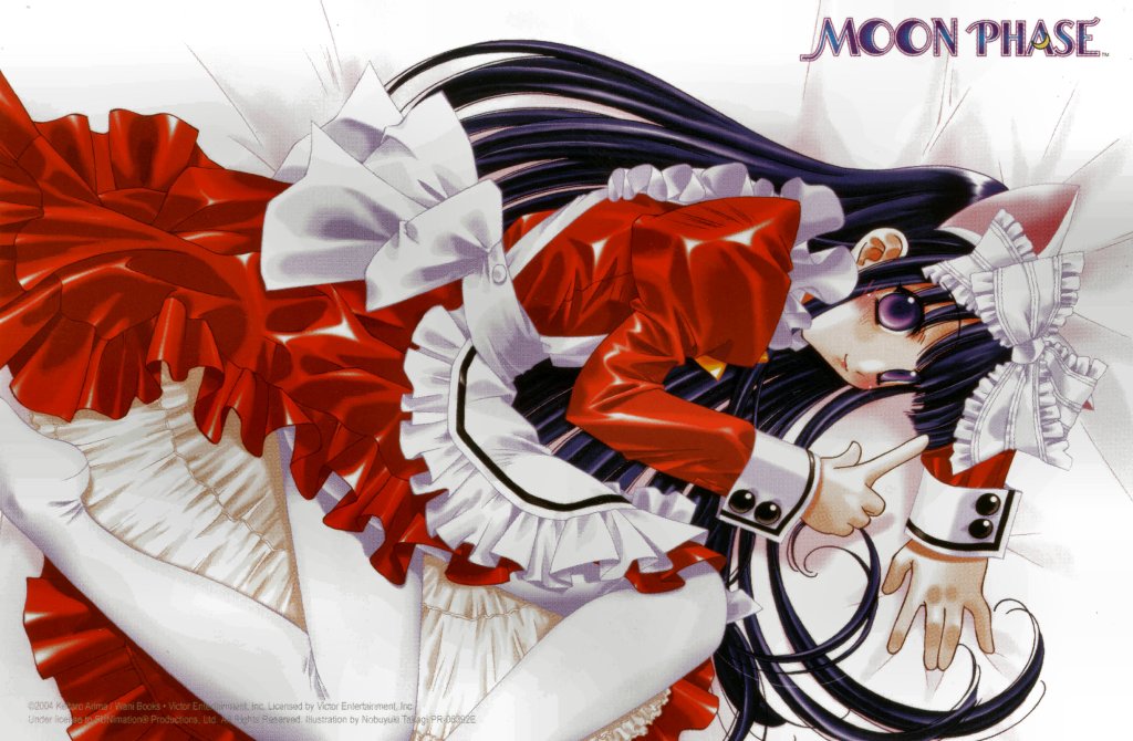 hazuki (tsukuyomi), tsukuyomi moonphase, 00s, apron, black hair, dress, flat chest, long hair, maid, maid apron, pantyhose, purple eyes