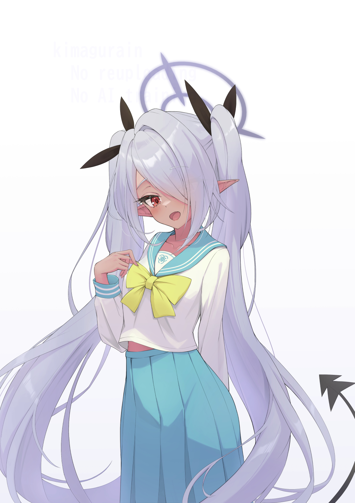 kimagurain, iori (blue archive), blue archive, commentary request, highres, 1girl, :d, adjusting bowtie, alternate costume, arm behind back, black ribbon, blue sailor collar, blue skirt, blush, bow, bowtie, cowboy shot, dark-skinned female, dark skin, demon girl, demon tail, eyelashes, gradient background, grey hair, hair intakes, hair over one eye, hair ribbon, halo, hand up, happy, long bangs, long hair, long skirt, looking at viewer, midriff peek, one eye covered, open mouth, pleated skirt, pointy ears, purple halo, red eyes, ribbon, sailor collar, school uniform, serafuku, shirt, simple background, skirt, smile, standing, tail, tsurime, twintails, very long hair, watermark, white background, white shirt, yellow bow, yellow bowtie