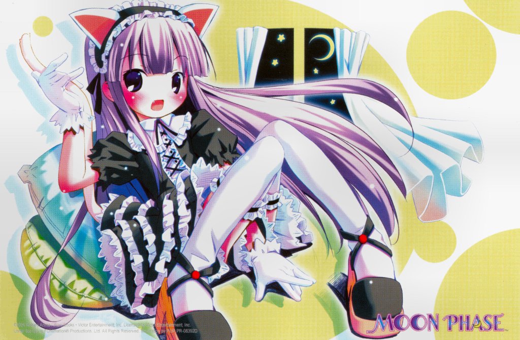 hazuki (tsukuyomi), tsukuyomi moonphase, 00s, blue eyes, blush, dress, fang, flat chest, gloves, gothic lolita, high heels, lolita fashion, long hair, purple hair, shoes, thighhighs