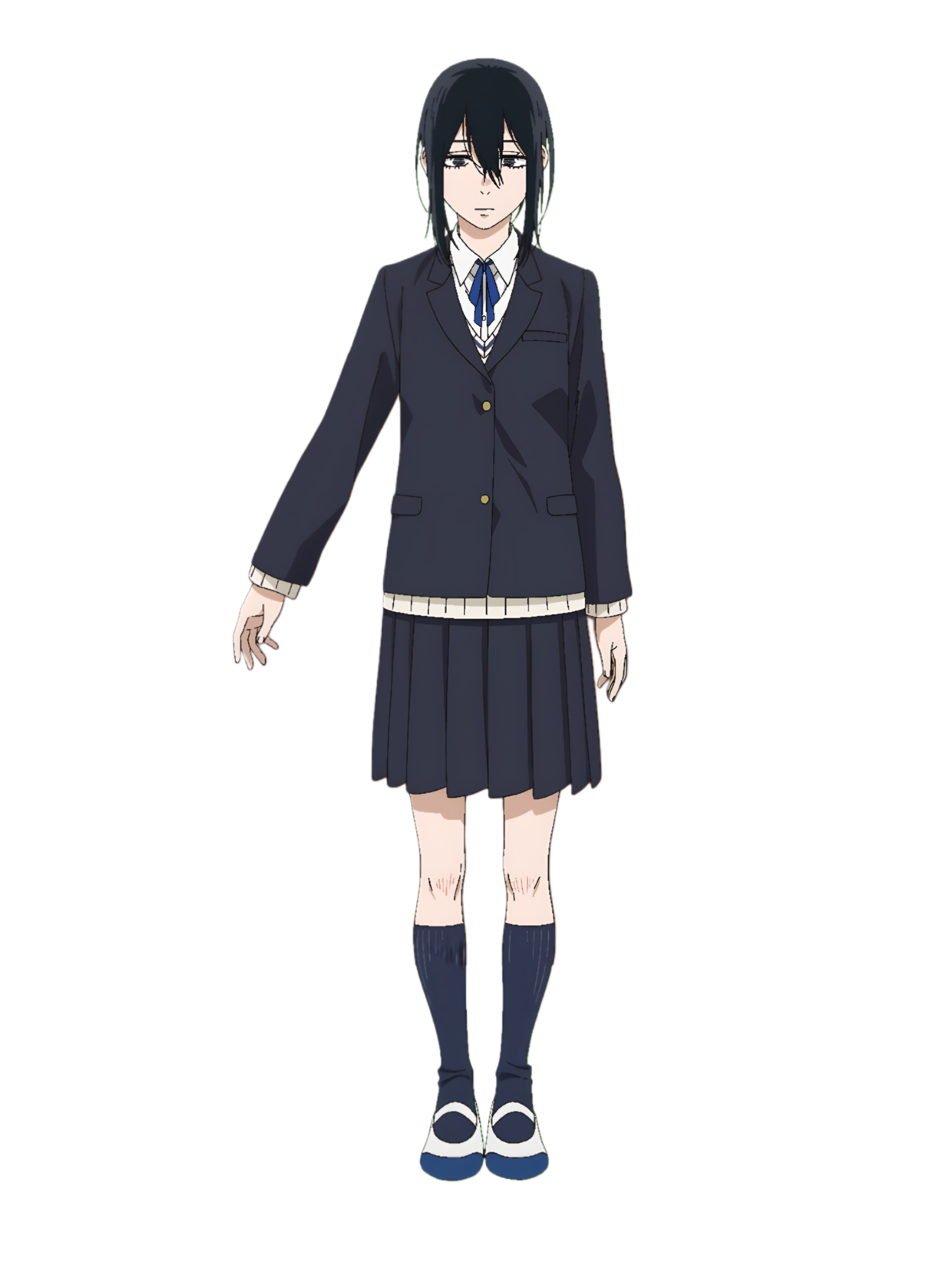 imouto no ane, absurdres, highres, non-web source, official art, 1girl, black hair, black jacket, black skirt, black socks, blue neckerchief, closed mouth, collared shirt, ehara kyouko, jacket, long hair, long sleeves, looking at viewer, neckerchief, school uniform, serious, shirt, shoes, skirt, socks, solo, transparent background, white shirt