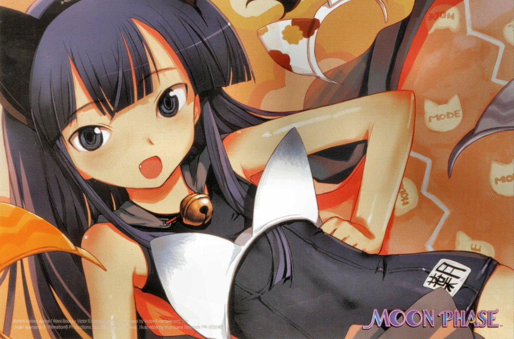 shimada fumikane, hazuki (tsukuyomi), tsukuyomi moonphase, 00s, animal ears, bell, black eyes, black hair, blue eyes, blue hair, cat ears, fang, flat chest, one-piece swimsuit, school swimsuit, swimsuit