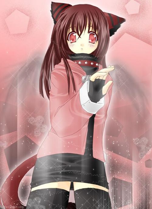 striped, animal ears, blush, brown hair, cat ears, collar, dress, gloves, long hair, pink eyes, red eyes, thighhighs