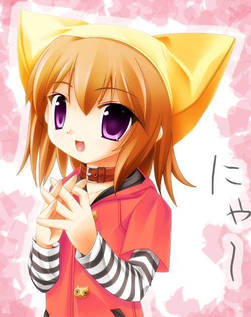 neneko, yumeria, striped, 00s, animal ears, animal hat, brown hair, cat ears, cathead, collar, flat chest, hat, nekohat, purple eyes, short hair, solo