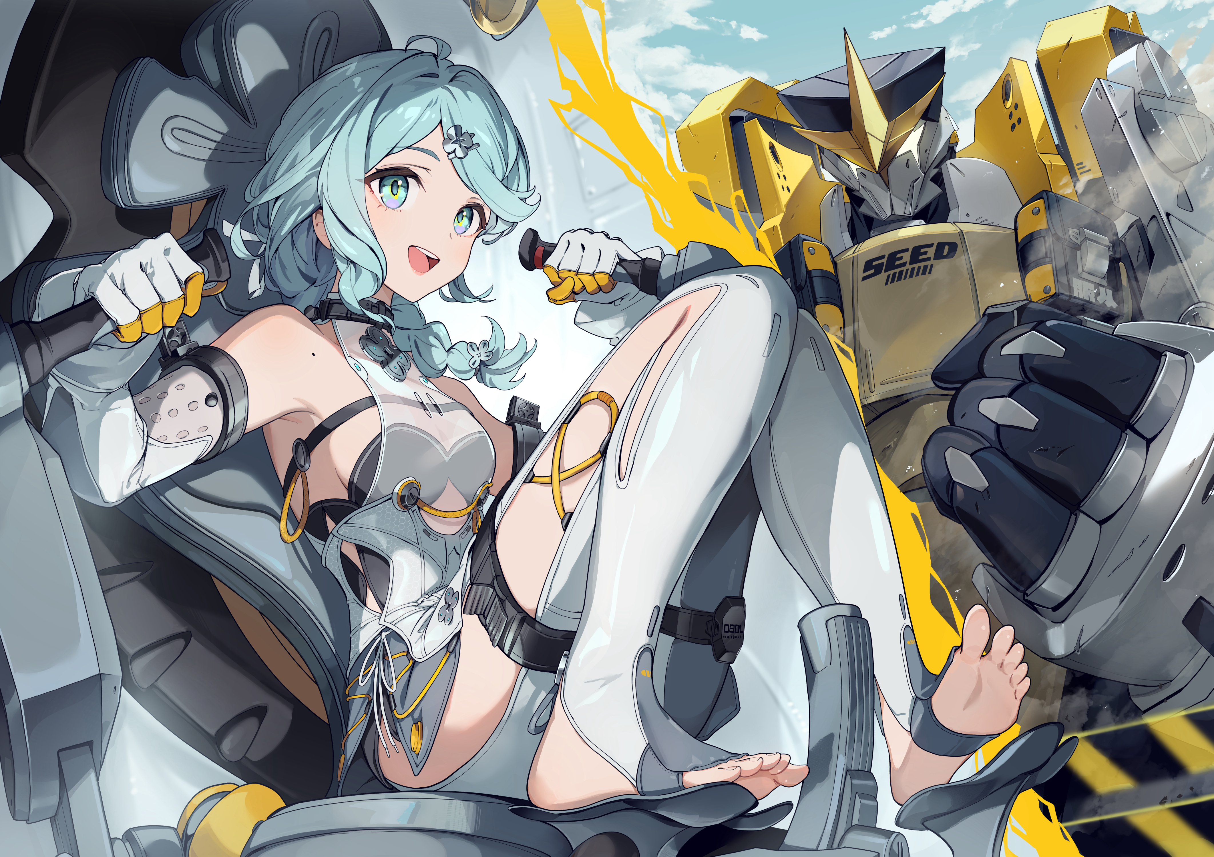 kodamazon, seed (zenless zone zero), seed sr., zenless zone zero, absurdres, commentary request, highres, 1girl, ahoge, bare shoulders, blue hair, braid, breasts, clothing cutout, dress, elbow gloves, feet, gloves, green eyes, long hair, looking at viewer, mecha, medium breasts, mole, mole on shoulder, multiple views, no shoes, open mouth, pilot, robot, see-through dress layer, sleeveless, sleeveless dress, soles, stirrup legwear, teeth, thigh cutout, toeless legwear, toes, upper teeth only, white dress, white gloves