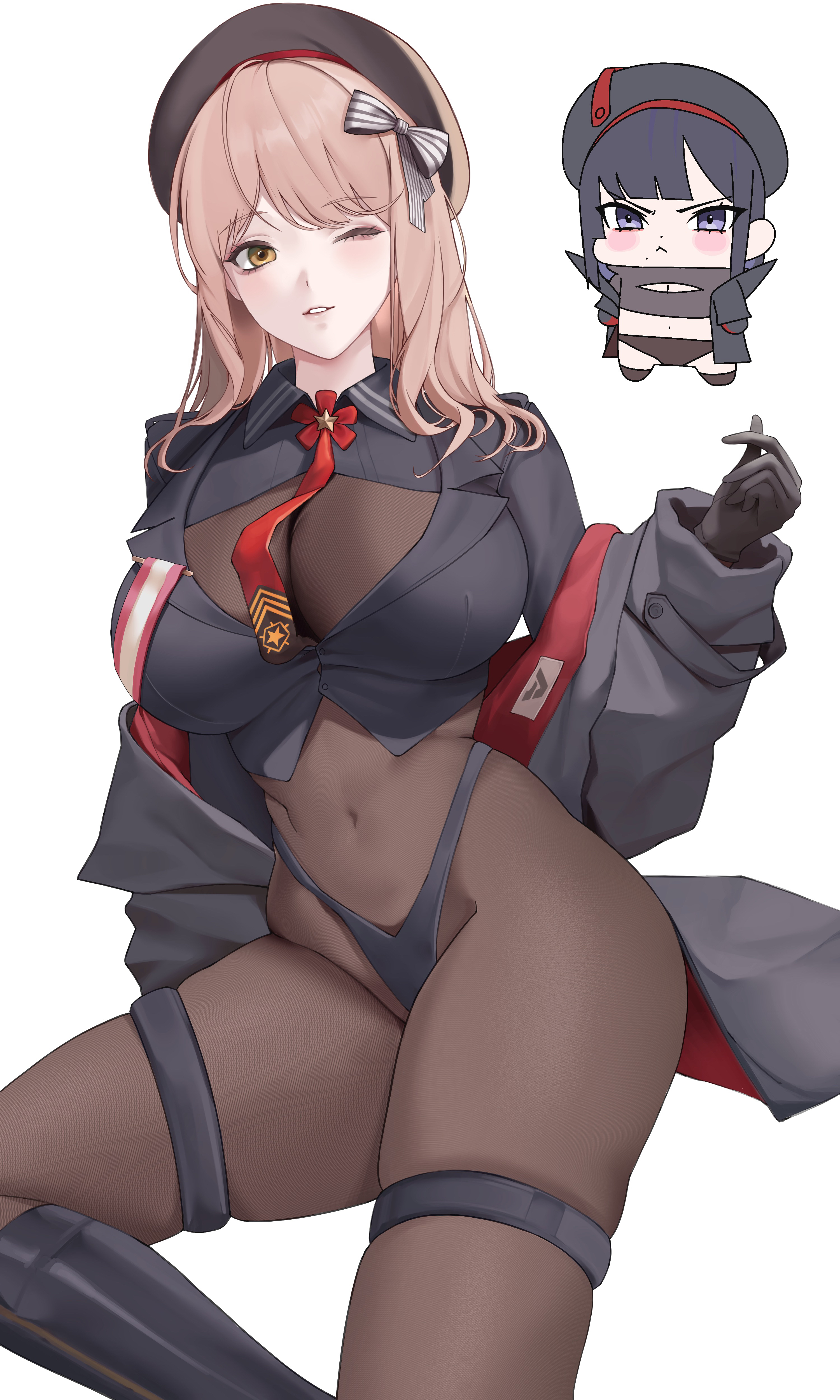 emma (nikke), emma (tactical upgrade) (nikke), eunhwa (nikke), eunhwa (tactical upgrade) (nikke), goddess of victory: nikke, absurdres, commentary request, highres, 2girls, :<, beret, black boots, black coat, black gloves, black hair, black hat, black jacket, blush stickers, bodystocking, boots, bow, breasts, brown eyes, brown hair, chibi, chibi inset, coat, covered navel, crop top, cropped jacket, gloves, hair bow, hat, jacket, knee boots, large breasts, long hair, long sleeves, looking at viewer, miromiro (pzkx7347), multiple girls, navel, necktie, off shoulder, official alternate costume, one eye closed, parted lips, red necktie, see-through cleavage, see-through clothes, sidelocks, simple background, skindentation, smile, striped bow, thigh strap, white background