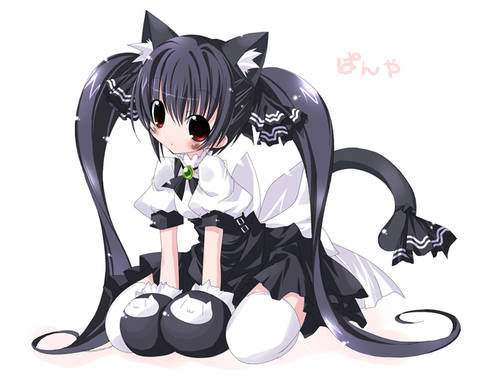 kooh (pangya), pangya, animal ears, belt, black hair, bow, cat ears, game, gloves, gothic lolita, lolita fashion, long hair, red eyes, skirt, thighhighs, twintails