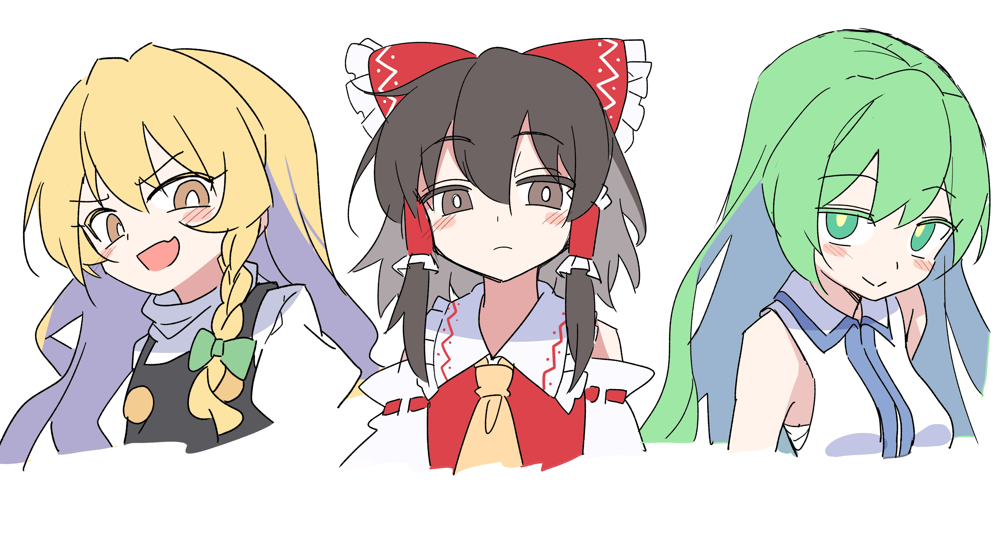 e.o., hakurei reimu, kirisame marisa, kochiya sanae, touhou, absurdres, commentary request, highres, 3girls, ascot, blonde hair, blush, bow, braid, breasts, brown eyes, brown hair, closed mouth, detached sleeves, frilled bow, frilled hair tubes, frills, green bow, green eyes, green hair, hair bow, hair tubes, long hair, looking at viewer, multiple girls, no headwear, open mouth, red bow, ribbon-trimmed sleeves, ribbon trim, side braid, single braid, smile, yellow ascot, yellow eyes