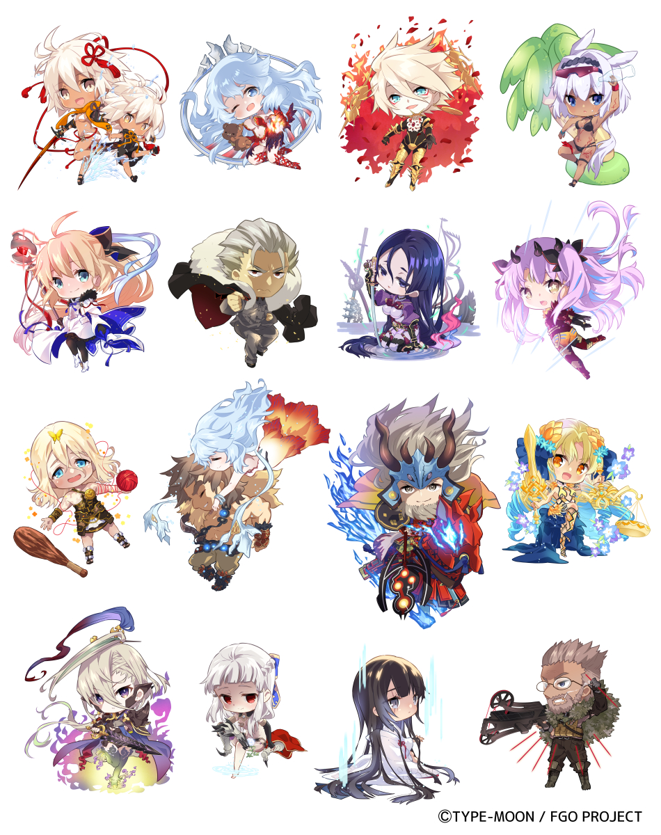 takamura masaya, aesc (fate), aesc (savior) (fate), artemis (fate), artemis (third ascension) (fate), astraea (fate), astraea (second ascension) (fate), caenis (fate), caenis (swimsuit rider) (fate), caenis (swimsuit rider) (first ascension) (fate), huyan zhuo (fate), huyan zhuo (third ascension) (fate), ishtar (fate), karna (fate), kurohime (fate), li shuwen (fate), li shuwen (old) (fate), minamoto no raikou (fate), okita souji (fate), okita souji alter (swimsuit saber) (fate), okita souji alter (swimsuit saber) (first ascension) (fate), orion (bear) (fate), penthesilea (fate), rengoku (fate), space ishtar (fate), space ishtar (third ascension) (fate), super orion (fate), takeda shingen (fate), william tell (fate), fate/grand order, fate (series), commentary request, highres, official art, 6+boys, 6+girls, against tree, ahoge, animal ears, animal legs, aqua hair, armor, armored boots, balance scale, barding, bear, beard, belt, bikini, black bikini, black boots, black bow, black coat, black gloves, black hairband, black pants, black pantyhose, black sandals, black shrug, blonde hair, blue eyes, blue fire, blue flower, blue hair, blue ribbon, blue skirt, blunt bangs, body markings, bodysuit, boots, bow, bow (weapon), bracelet, braid, breastplate, brown gloves, brown hair, brown pants, bug, butterfly, butterfly on head, cape, chibi, chibi only, cigarette, clenched hand, closed eyes, closed mouth, club (weapon), coat, coat on shoulders, company name, copyright name, copyright notice, crossbow, dark-skinned female, dark skin, dress, drill hair, earrings, eyeliner, eyewear on head, facial hair, facial mark, fake horns, fire, flower, flower knot, forehead mark, fur-trimmed cape, fur-trimmed coat, fur-trimmed gloves, fur trim, glasses, gloves, gold armor, gradient clothes, gradient dress, gradient hair, green eyes, green hair, grey eyes, grey hair, grey jacket, grey pants, hair between eyes, hair bow, hair ornament, hair ribbon, hair slicked back, hairband, half up braid, helmet, holding, holding crossbow, holding scale, holding staff, holding sword, holding weapon, hooves, horned headwear, horns, horse, horse ears, horseback riding, hug, hug from behind, insect, jacket, japanese armor, japanese clothes, jewelry, kabuto (helmet), katana, kavacha (fate), kimono, kneeling, kote, kundala (fate), kurohime (third ascension) (fate), kurokote, long hair, long sleeves, looking ahead, looking at viewer, lying, makeup, minamoto no raikou (second ascension) (fate), mouth hold, multicolored hair, multiple boys, multiple girls, on back, one eye closed, open mouth, orange eyes, orange scarf, palm tree, panties, pants, pantyhose, parted bangs, parted lips, penthesilea (third ascension) (fate), pink hair, plunging neckline, ponytail, purple bodysuit, purple eyes, purple flower, purple hair, purple shrug, red-tinted eyewear, red bodysuit, red boots, red dress, red eyeliner, red eyes, ribbon, riding, sandals, sash, scales, scar, scar across eye, scar on face, scarf, short hair, shoulder sash, shrug (clothing), simple background, single earring, sitting, skirt, smile, smoke, smoke trail, smoking, spiked hair, staff, standing, star-shaped pupils, star (symbol), streaked hair, sunglasses, swimsuit, sword, symbol-shaped pupils, tassel, tassel hair ornament, theseus (fate), thigh strap, tinted eyewear, topless male, tree, two side up, uchikake, underwear, water, weapon, weighing scale, white background, white bikini, white boots, white cape, white dress, white hair, white kimono, white panties, wide sleeves, wristband, yarn, yarn ball, yellow butterfly, yellow eyes, yotsuwari-bishi