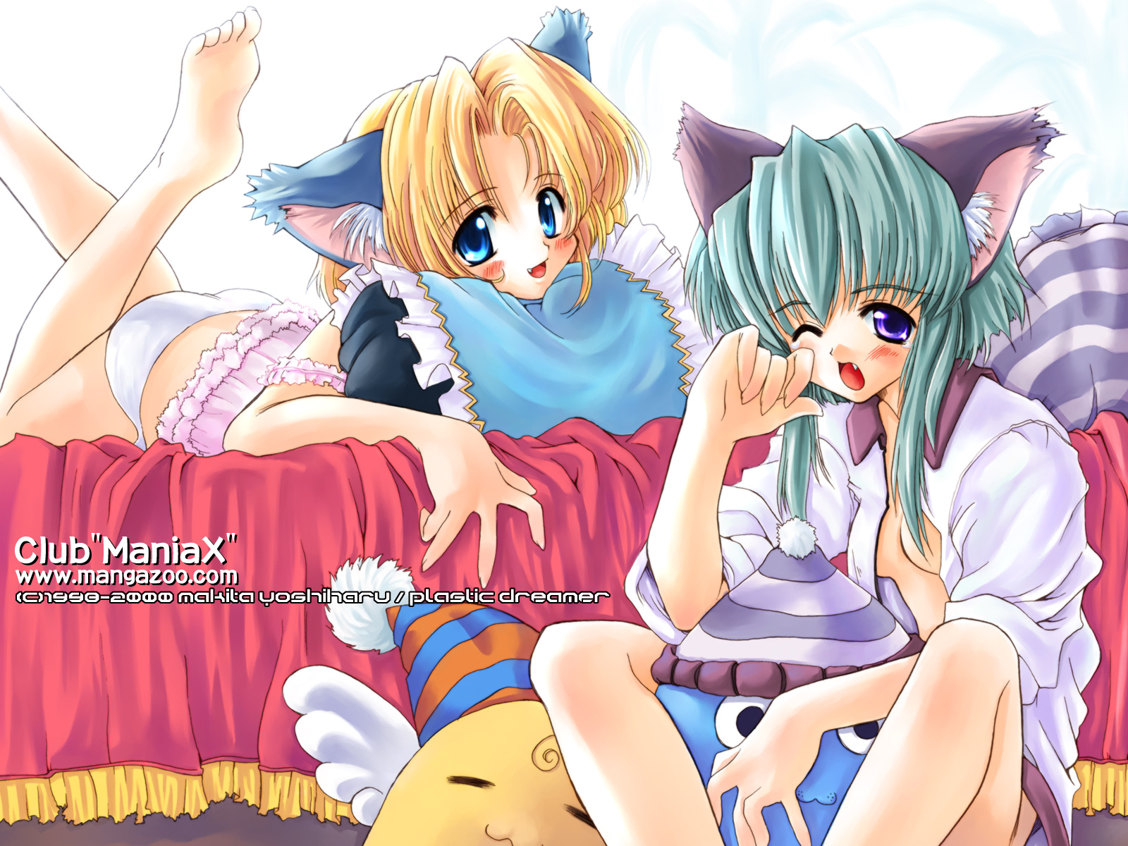 maniax, highres, :3, animal ears, barefoot, bed, blue eyes, blush, cat ears, fang, feet, green hair, open clothes, open shirt, panties, pillow, purple eyes, shirt, short hair, soles, stuffed animal, stuffed toy, toes, toy, underwear, white shirt