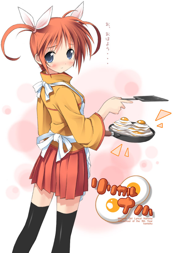kantoku, nanoha, takamachi nanoha, lyrical nanoha, mahou shoujo lyrical nanoha, translated, 00s, 1girl, apron, blush, cooking, egg, female focus, orange shirt, shirt, short hair, skirt, solo, thighhighs, twintails, zettai ryouiki