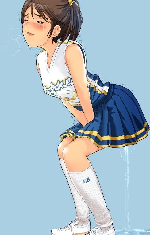 gossa-tei, 1girl, blue background, blue skirt, blush, breasts, brown hair, cheerleader, closed eyes, embarrassed, female focus, from side, full body, hair ornament, kneehighs, long hair, medium breasts, open mouth, pee, peeing, peeing self, puddle, relief, school uniform, serafuku, shirt, shoes, short hair, skirt, sleeveless, sleeveless shirt, sneakers, socks, solo, tears, trembling, twintails, white shirt, white shoes, white socks
