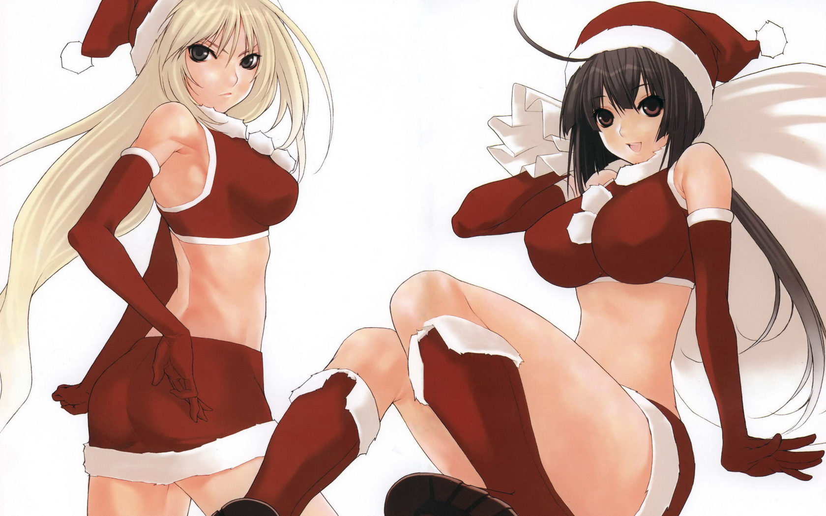 gokurakuin sakurako, musubi, tsukiumi, sekirei, highres, 00s, 2girls, ahoge, armpits, black hair, blonde hair, boots, breasts, brown eyes, christmas, crop top, elbow gloves, gloves, grey eyes, hat, large breasts, long hair, looking back, midriff, miniskirt, multiple girls, ponytail, red gloves, sack, santa costume, santa hat, sitting, skirt, very long hair