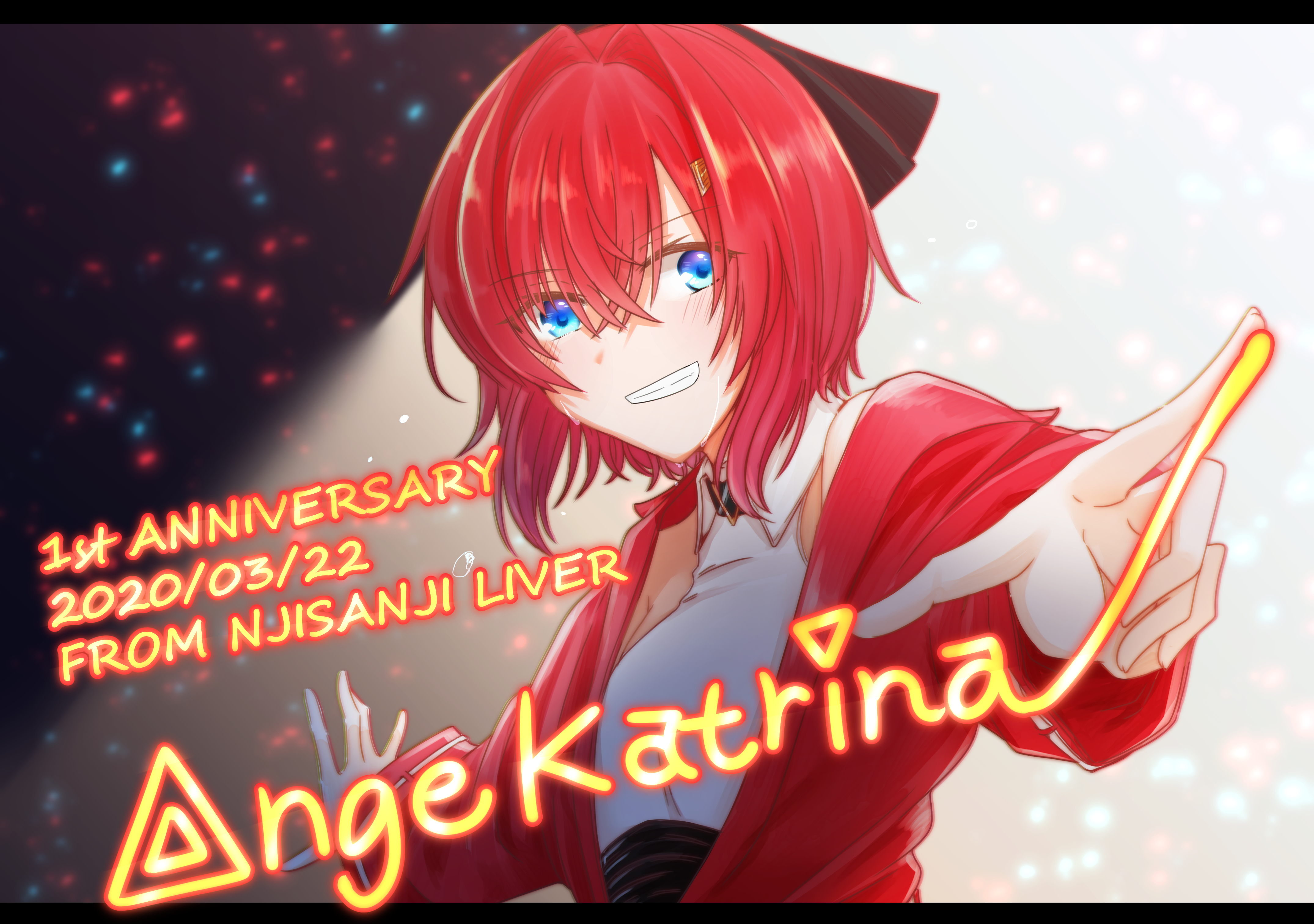 ange katrina, ange katrina (2nd costume), nijisanji, absurdres, commentary request, highres, anniversary, black bow, blue eyes, blush, bow, breasts, character name, collared shirt, copyright name, crossed bangs, dated, drawing on fourth wall, english text, finger writing, grin, hair bow, hair intakes, halter shirt, halterneck, jacket, letterboxed, long bangs, long sleeves, looking at viewer, medium hair, open clothes, open jacket, outstretched arms, pointing, pokkii (orikaden01), red hair, red jacket, shirt, shirt tucked in, small breasts, smile, sweat, virtual youtuber, white shirt