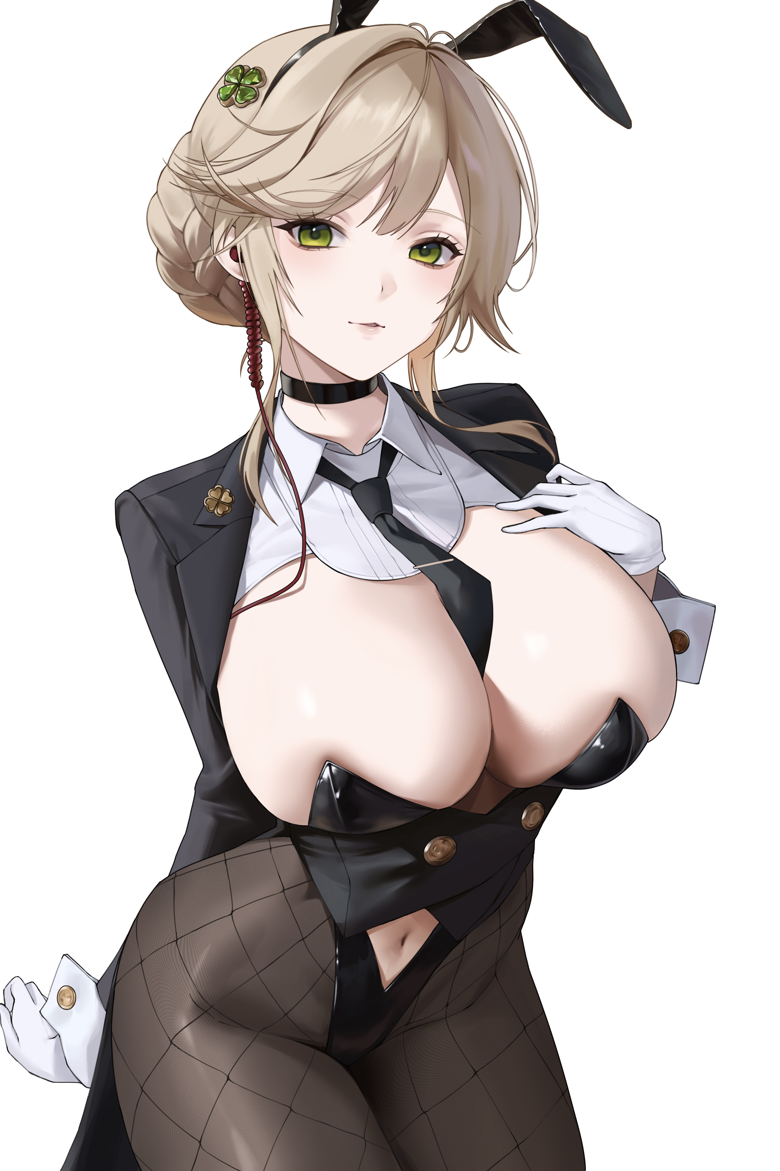 ade (agent bunny) (nikke), ade (nikke), goddess of victory: nikke, absurdres, commentary, highres, 1girl, animal ear hairband, animal ears, arm behind back, between breasts, black choker, black jacket, black leotard, black necktie, blonde hair, braid, breasts, bun with braided base, choker, cleavage, clothing cutout, clover hair ornament, coattails, cowboy shot, detached collar, earpiece, fake animal ears, fishnet pantyhose, fishnets, four-leaf clover hair ornament, gloves, green eyes, hair between eyes, hair bun, hair ornament, hairband, highleg, highleg leotard, jacket, large breasts, leotard, long sleeves, looking at viewer, miromiro (pzkx7347), navel, navel cutout, necktie, necktie between breasts, official alternate costume, pantyhose, parted lips, playboy bunny, rabbit ear hairband, rabbit ears, sidelocks, simple background, single hair bun, solo, standing, strapless, strapless leotard, swept bangs, undersized breast cup, white background, white gloves, wrist cuffs