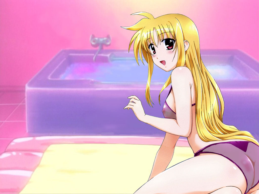 fate testarossa, tagme, ass, blush, breasts, long hair, see-through clothes